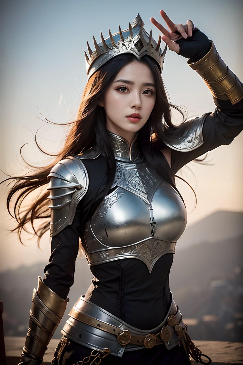 model shoot, (1 woman 30 years old), Islamic warrior, hyper realistic, super detailed, Dynamic shot, masterpiece, scene sharp détails, perfect eyes, perfect skin, perfect hands, fierce leader, battle field, headpiece