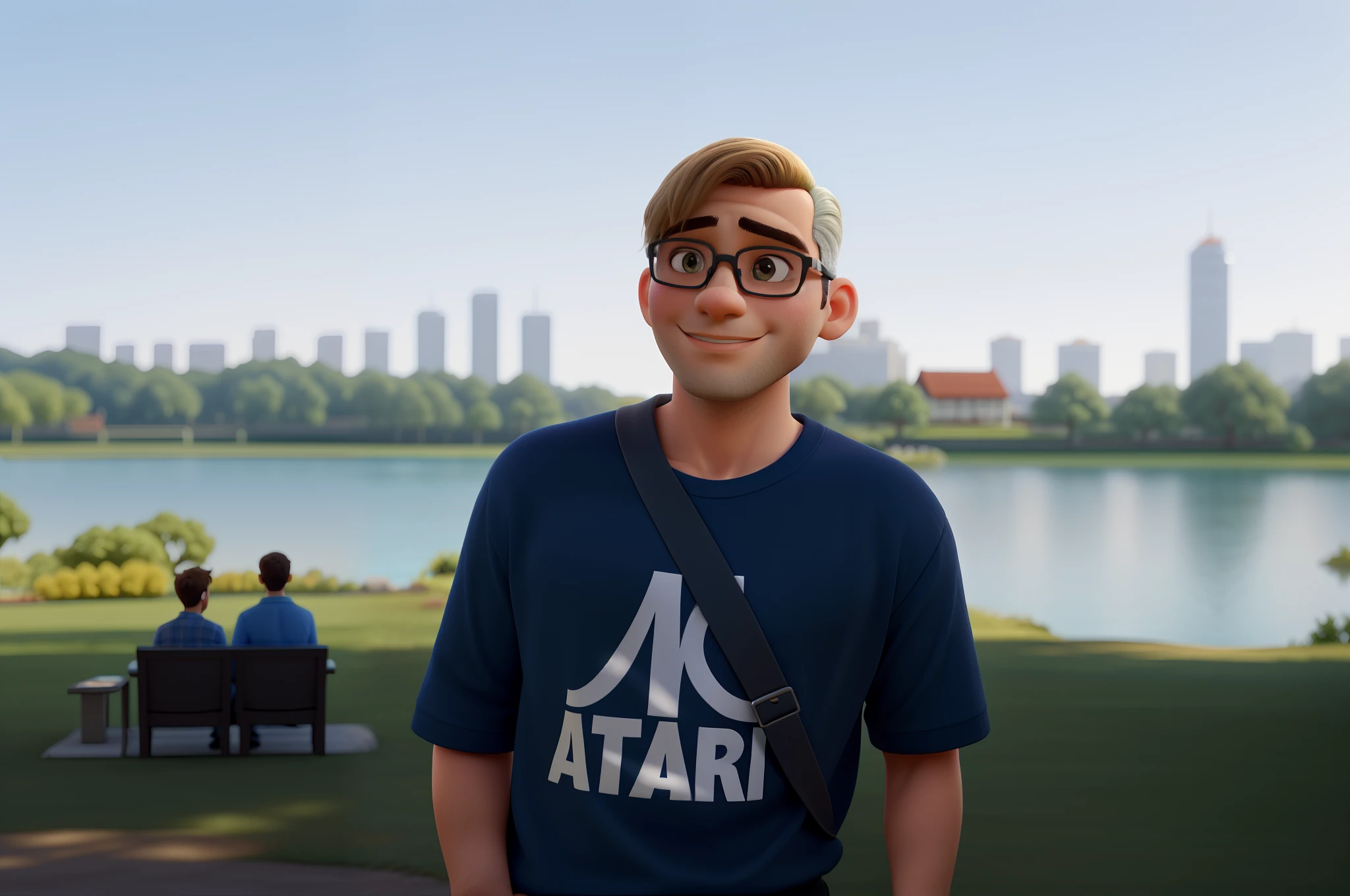 (best quality,4k,8k,Alto,master part:1.2),ultra-detalhado,(Realistic,fotorrealista,photo-realistic:1.37),homem de meia-idade posando para uma foto com uma camiseta com a logo do Atari. O homem tem 48 anos, Short blond hair, almost bald and wears glasses. Sobrancelhas loira. In the background, There is a park with a beautiful lake. The park is full of vibrant green trees and colorful flowers. The man has a confident and friendly expression on his face, com um leve sorriso. Sunlight shines through the trees, creating a warm and peaceful atmosphere. The lake reflects the clear blue sky, Adding a sense of tranquility to the scene. The man is standing near the edge of the lake, with arms crossed and one foot slightly raised, como se ele estivesse fazendo uma pose. The Atari logo on his shirt is clearly visible, Adding a touch of nostalgia and retro charm to the image. Os detalhes de seu rosto, incluindo seus olhos, nariz, and lips, are meticulously crafted, dando um aspecto realista e realista. The overall color tone is vibrant and lively, com uma mistura de tons quentes e frios. The lighting is soft and natural, iluminando a cena com um brilho suave.