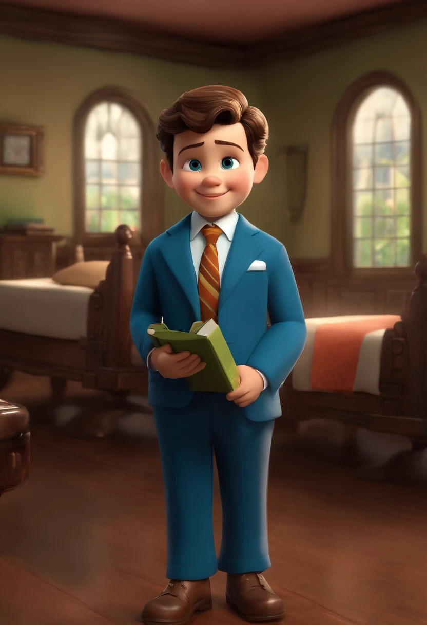 The image is in 3D format from Pixar features a little boy wearing a suit and tie, Standing in a room. He is smiling and appears to be posing for a photo. O homem tem cabelo curto, Green eyes and is wearing a blue tie, O que adiciona um toque de cor ao seu look. He's also holding a book, possibly a Bible, in the hand. The man's attire and accessory give the impression of a formal or professional setting.