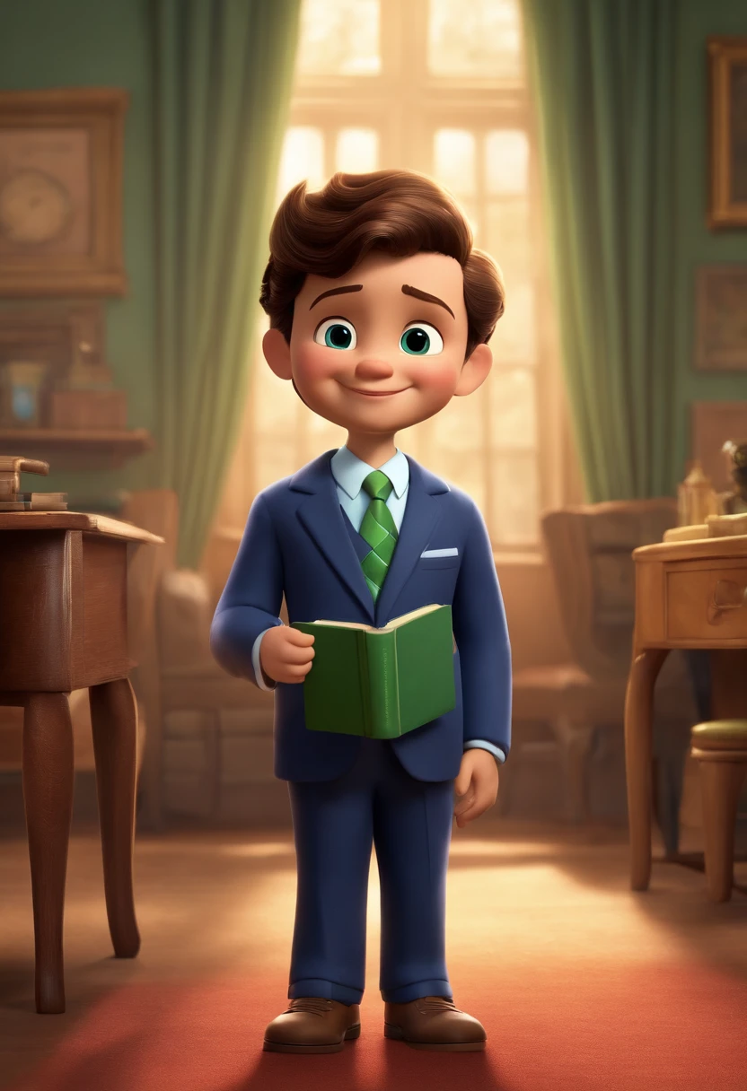 The image is in 3D format from Pixar features a wearing a suit and tie, Standing in a room. He is smiling and appears to be posing for a photo. O homem tem cabelo curto, Green eyes and is wearing a blue tie, O que adiciona um toque de cor ao seu look. He's also holding a book, possibly a Bible, in the hand. The man's attire and accessory give the impression of a formal or professional setting.