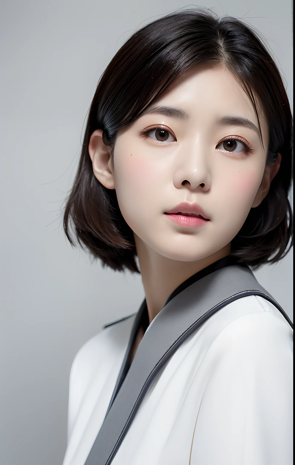 Highest image quality, outstanding details, ultra-high resolution, (realism: 1.4), ((middle shot:0.75)), highly condensed 1lady, with beautiful and a delicate face, (wearing white police uniform), background simple grey wall,