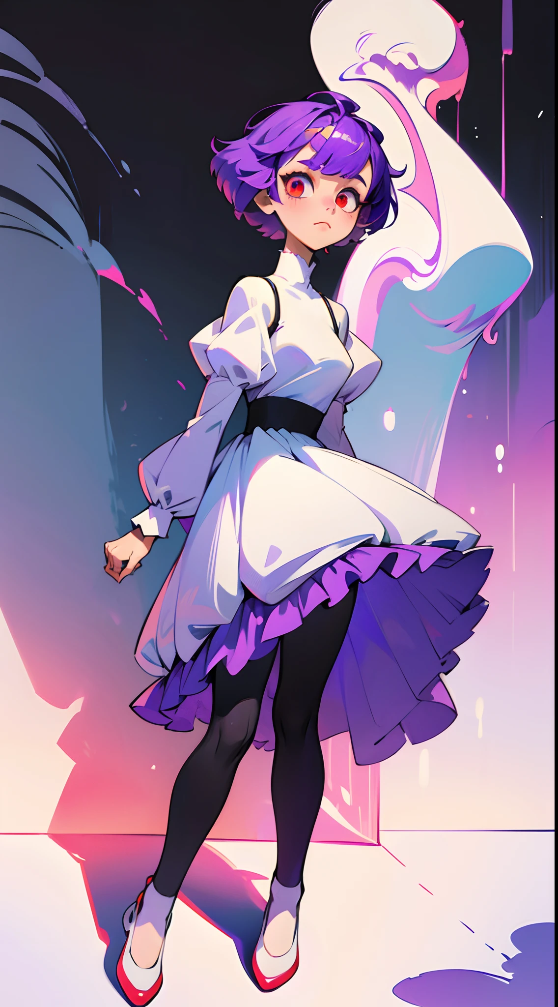 1girl, short purple hair, better shadows, better light, better facial detail, red eyes, white puffy dress, black tights, white shoes, full-length.