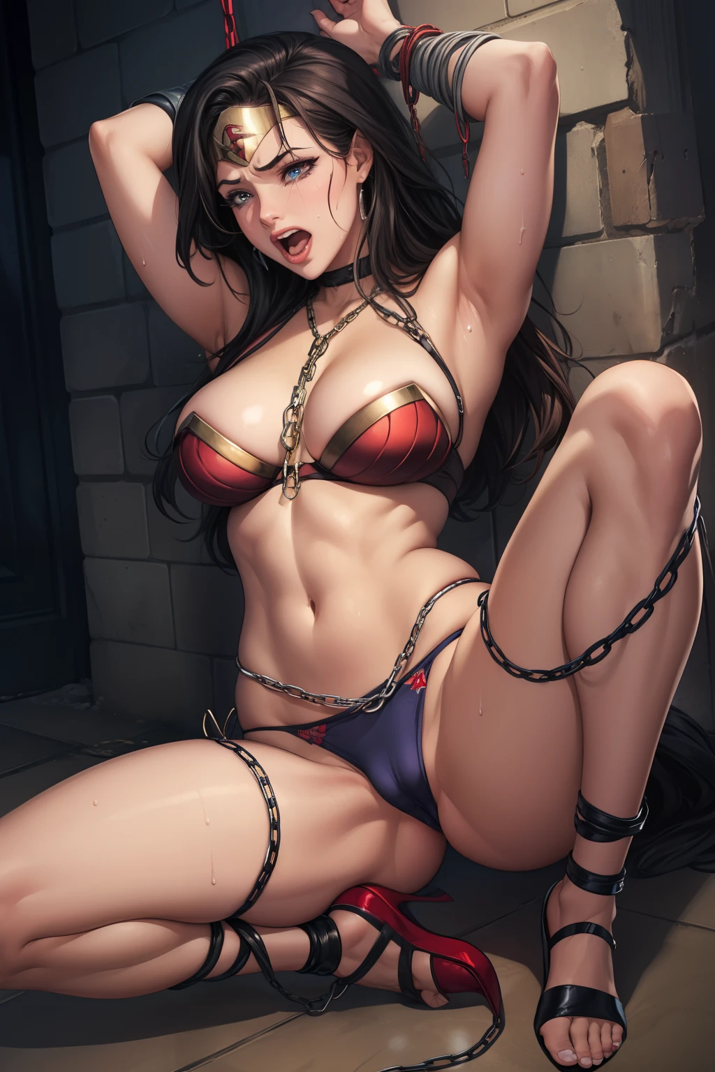 Superheroine Wonder Woman, exquisite facial features,s the perfect face,Transparent panties, Transparent bra, Small panties, Juicy ass, juicy breasts, Transparent underwear, Big breasts, crisp breasts, crisp breasts, Perfect legs, Elastic breasts, Tethered to a dungeon,distress, Crying, Black chain on the leg, The legs are locked, arms back behind, Black chain, Crying, Perfect mouth, Perfect face, Perfect eyes, Perfect nose, Embarrassed eyes, Beautiful body, Perfect eyes, Beautiful eyes, Covered in sweat, Sweaty, Giant breasts, perfect ass, Perfect breasts, Perfect armpits, Screaming for help, distress, Crying, Flowy mascara, Tethered to the wall, The legs are locked, Legs are locked to the floor, The perfect mouth for girls, Tethered to the bed, Covered by chains, (bound arms, arms back behind, Cord, bound legs:1.2), Perfect body, Perfect anatomy, 1girll, Black shackles on the wrists, Tummy down
