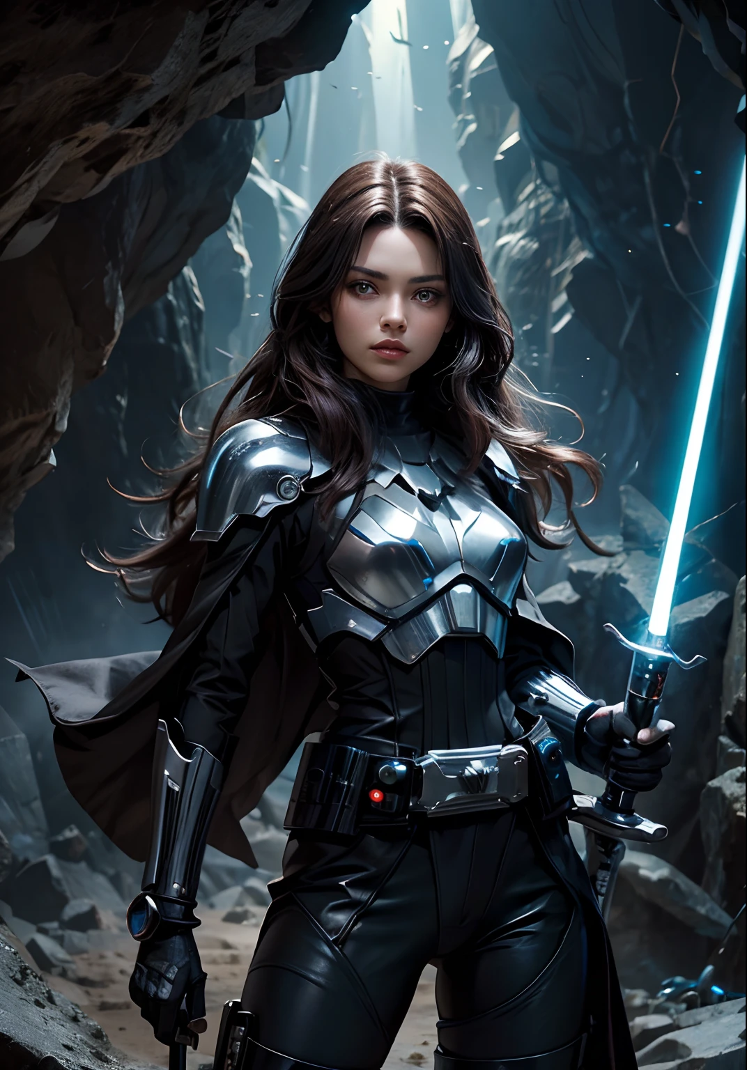 Upper body close-up image.A beautiful woman with a lightsaber stands in a spacious cave. Dark brown hair. long hair.She wears a black metallic battle uniform. There is something on the waist that reminds me of Kamen Rider's transformation belt. 8K image quality. A masterpiece.