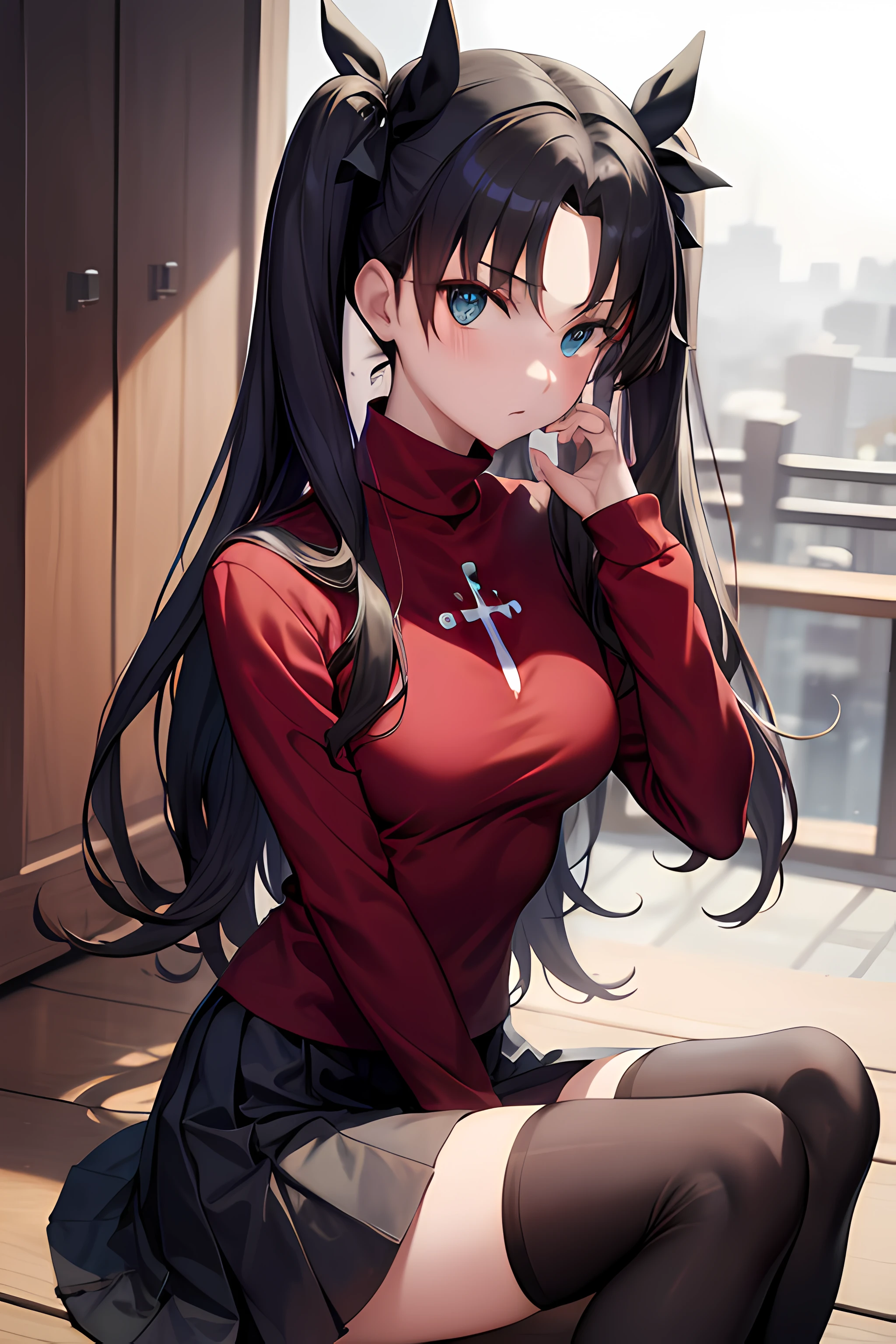 (masterpiece), best quality, expressive eyes, perfect face, 1girl, solo, rintohsaka, rin tohsaka, aqua eyes, black hair, hair ribbon, long hair, ribbon, sidelocks, two side up, black skirt, black thighhighs, long sleeves, miniskirt, pleated skirt, ((red sweater)), skirt, sweater, thighhighs, turtleneck, city background, sitting, character sheet, upper body, portrait, looking at viewer,