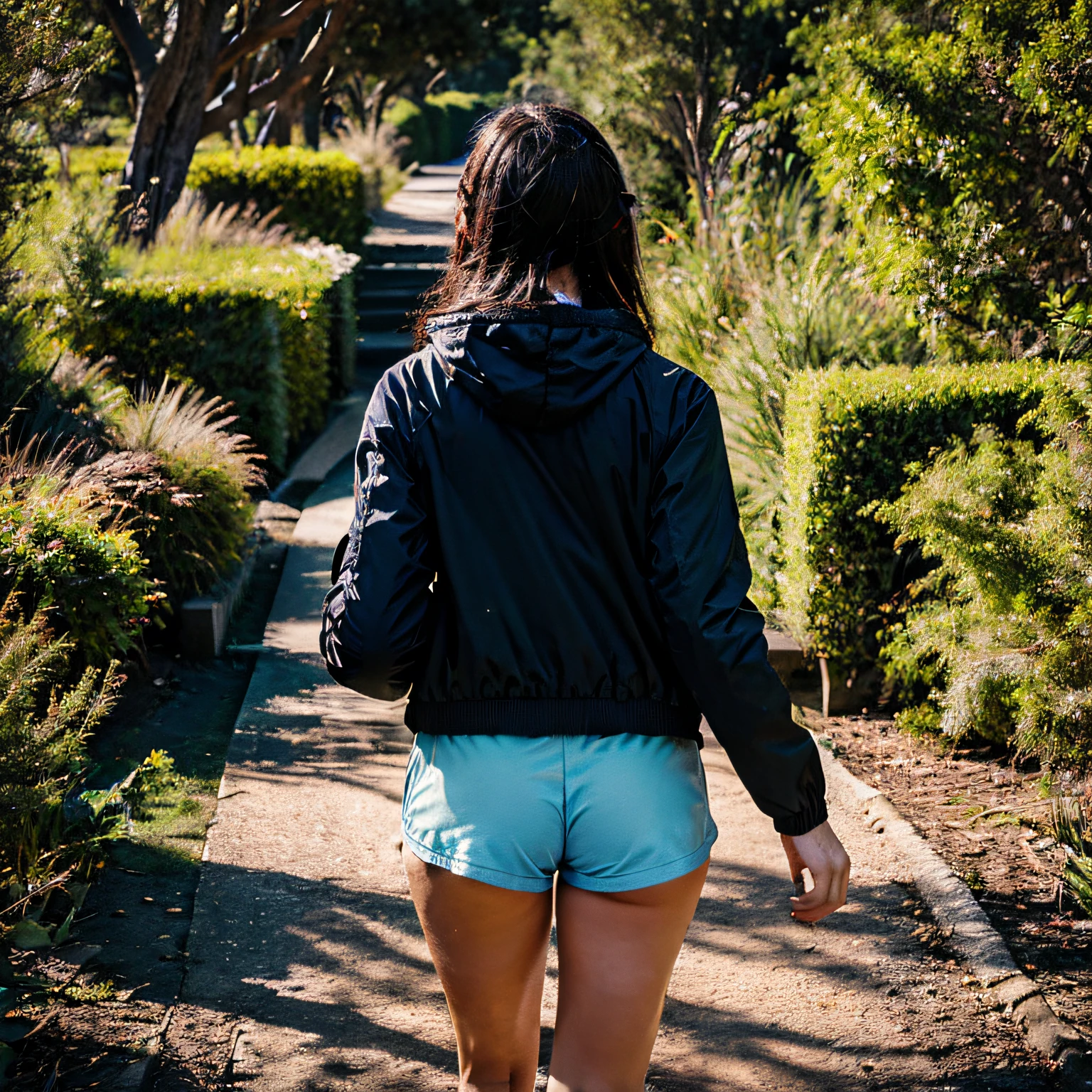 landscape composition, out of focus background, 20-year-old, 1 girl, running shorts, jacket, person on a path, australian bush, back to camera, walking away, twilight, no face