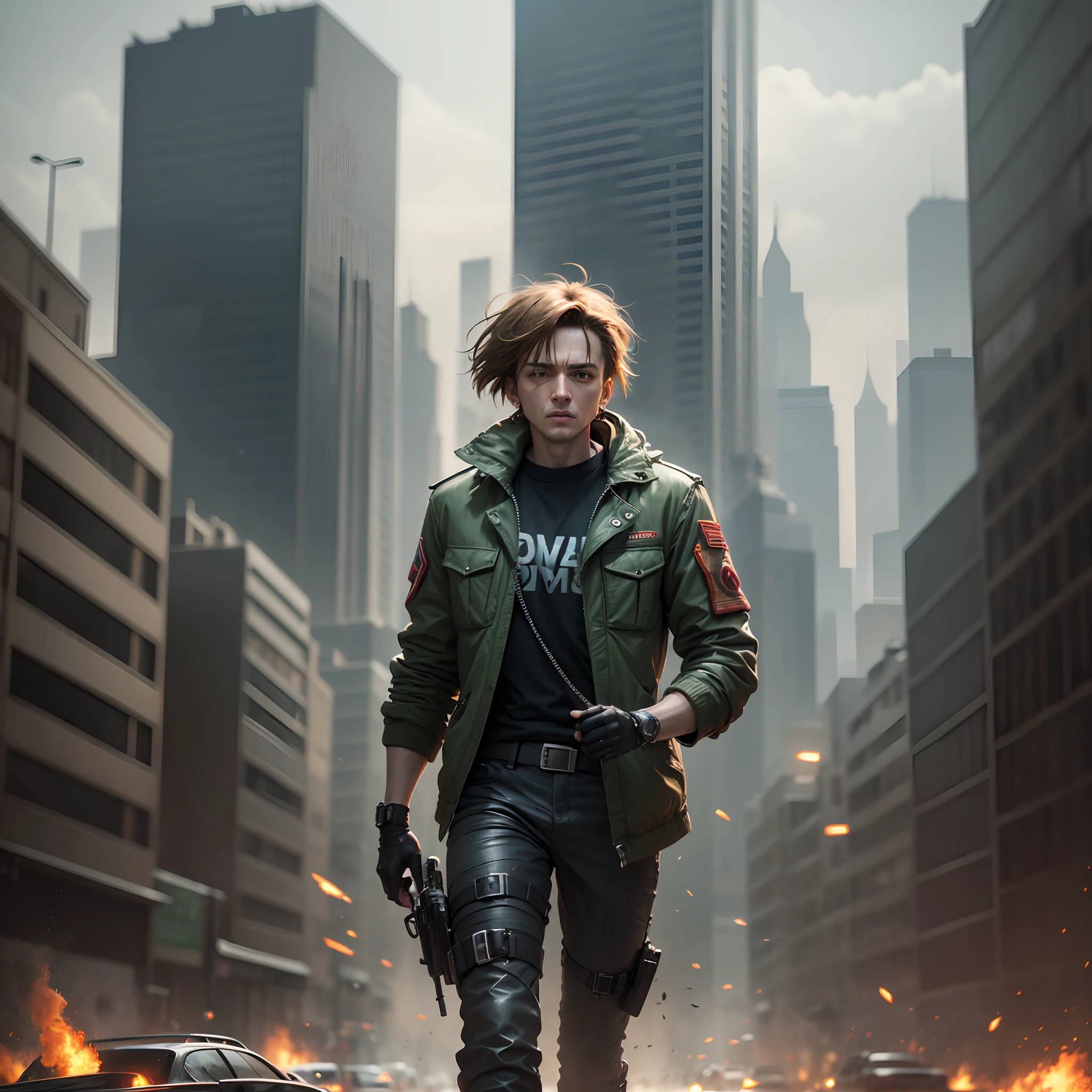 1hombre, Pelo corto((John Connor)), futuristic, Leader of the Resistance, dystopian cityscape, Ambiente oscuro y arenoso, intense action scene, Iconic Army Green Jacket, Red handkerchief on arm, Cicatriz en la cara cerca del ojo , epic battle, Explosiones, Post-apocalyptic setting (terminador), Suspenseful chase sequence, Dramatic lighting, Dramatic camera angles, Momentos llenos de adrenalina." --auto --s2