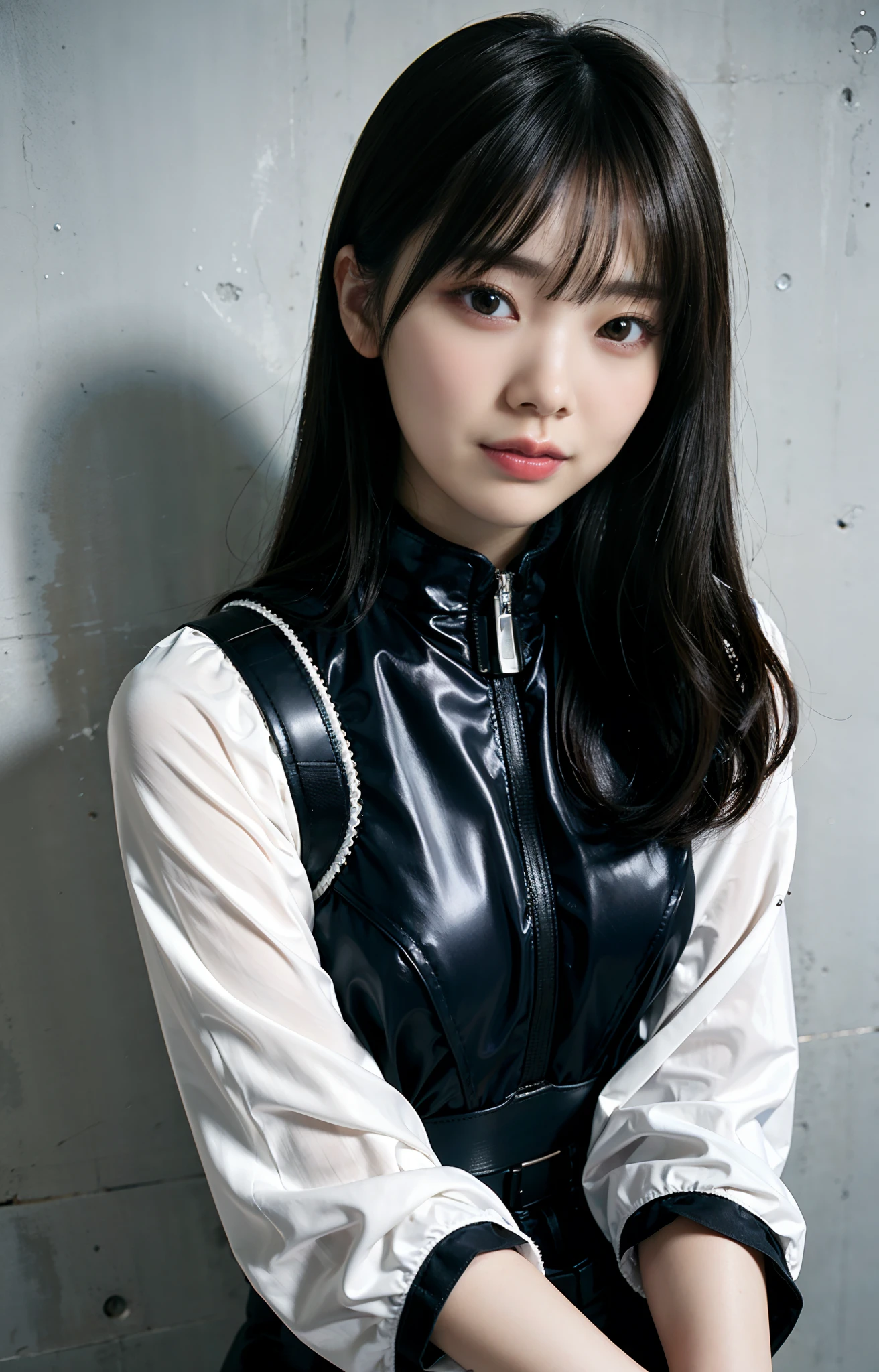 Highest image quality, outstanding details, ultra-high resolution, (realism: 1.4), the best illustration, favor details, highly condensed 1girl, with a delicate and beautiful face, ((close up:0.75)), (wearing warm racing suit likes police uniform, black and gray mecha, military harness, holding a machinegun), background grey wall,