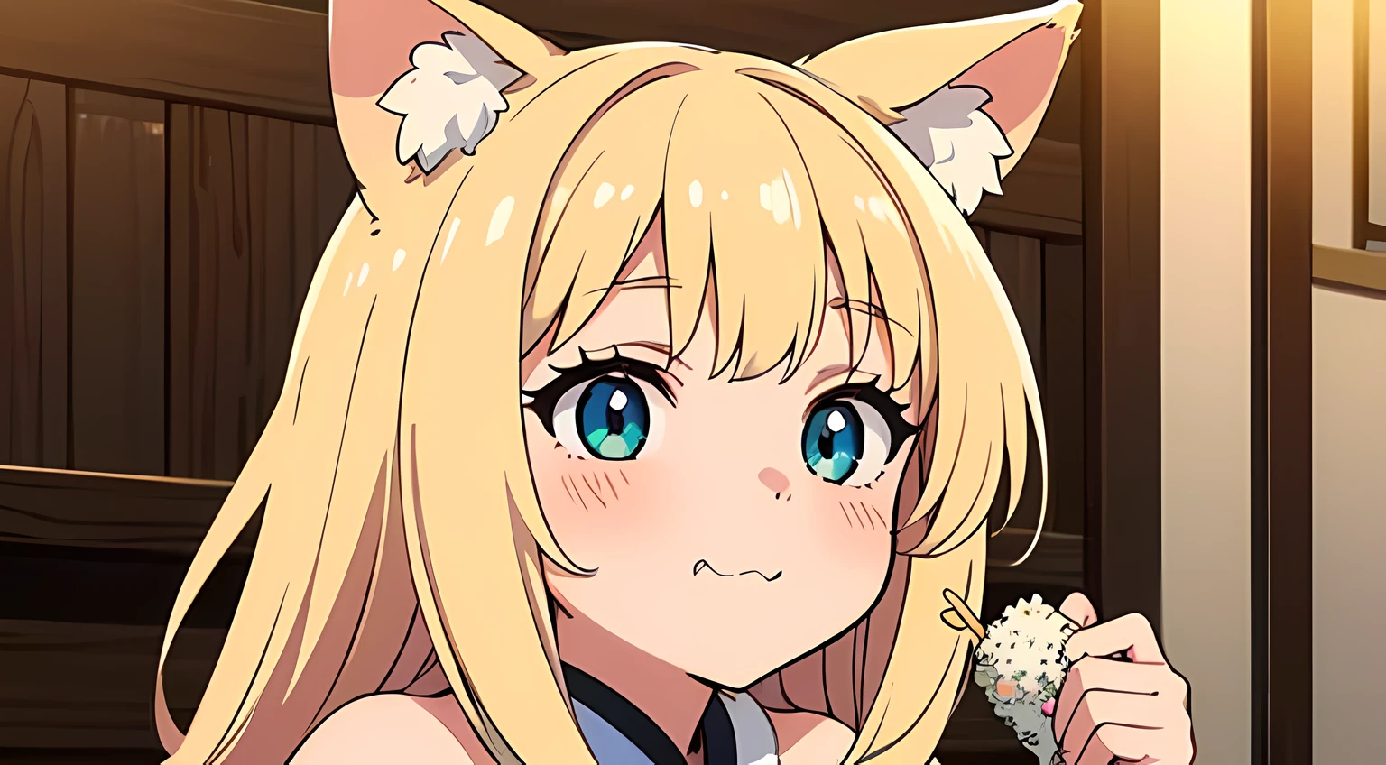 (1 nekomimi girl, without human ears),(beautiful eyes finely detailed, Face to detail, blonde hair, long hair), wearing summer style dress, eating like a child, eating onigiri, at japanese restaurant, and happy facial expression, blush on her face, camera angle from front, looking at you, masterpiece, top-quality, detailed, High resolution illustration