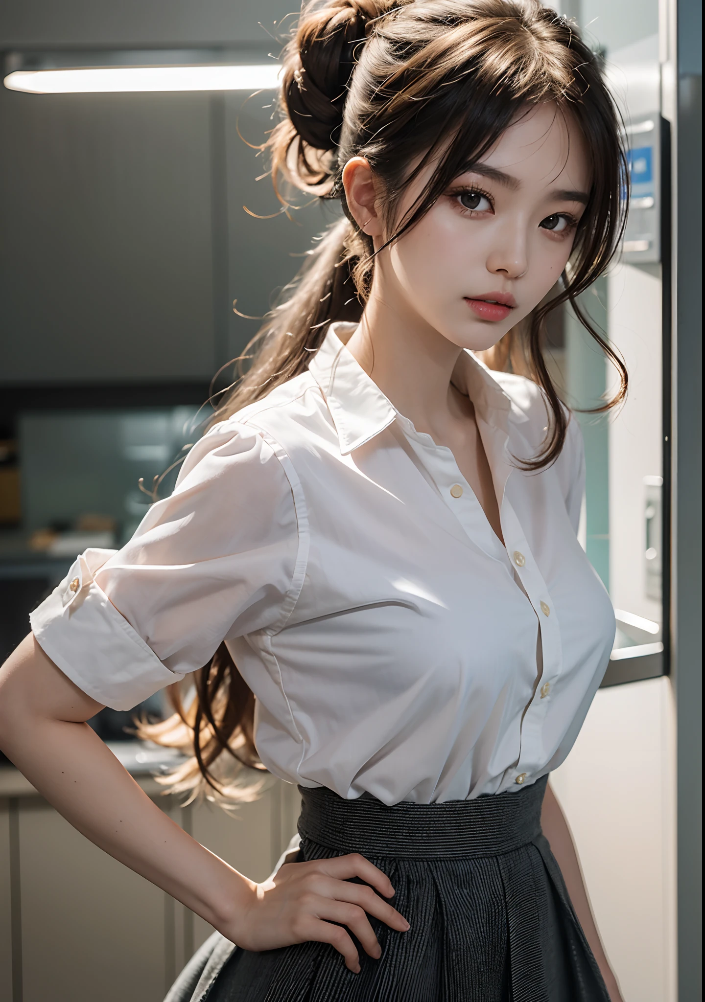 An ultra-high picture quality,8K,Real image quality,back lighting,Asian Girl,1 persons,((Semi-long chignon)),smooth hair,Blonde hair,delicated face,Beautiful face,Eyes and nose stand out clearly,Beautiful eyebrows trimmed,Lashes,Detailed eyes,Detailed skin,realskin,slenderbody,petite girl in,middlebreasts,masutepiece,Raw photo,well-muscled,Beautiful and shiny hair(,Less exposed skin),(White oversized collared shirt),pleatedskirt,Face narrowing