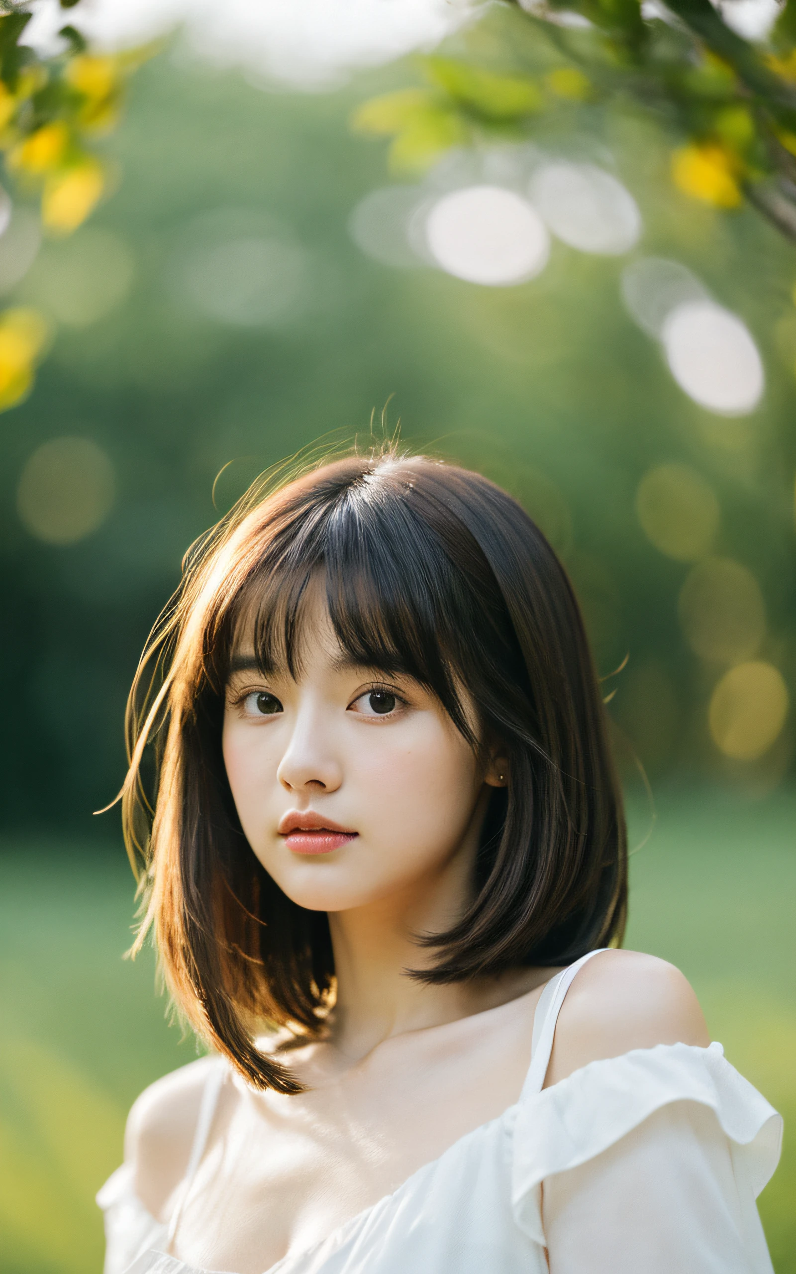 masterpiece, Best Quality, 8K, 20 yo, Large breast, Raw photo, Professional Photography, Portrait, Soft light, Professional Lighting, Back lighting, Solo, sad, close up, Cute, Girly, Delicate girl, Neat and clean beauty, Upper body, Looking away, Sophisticated, Film grain, (Eyes and faces with detailed:1.0), Medium length hair swaying in the wind, bangs