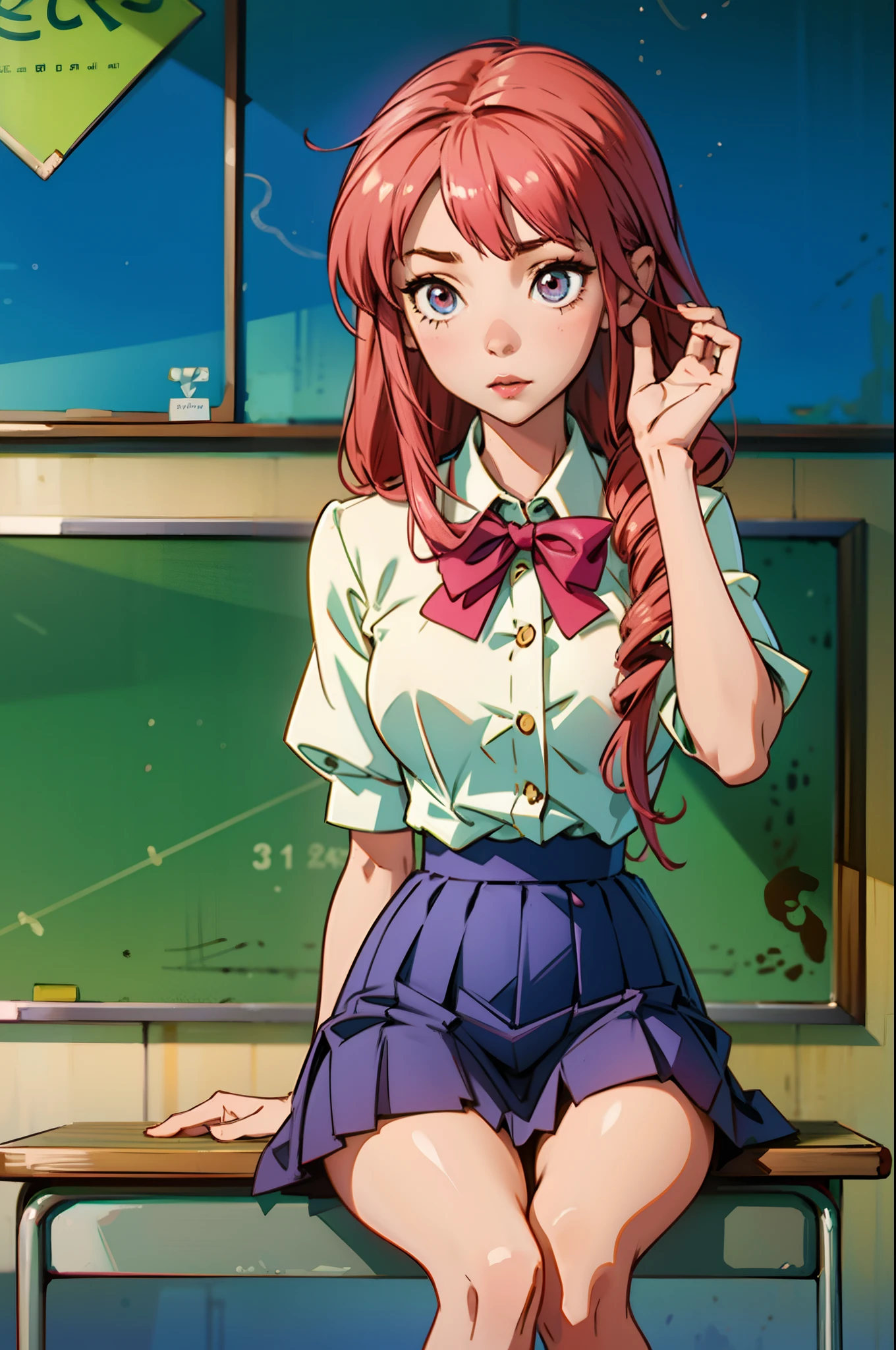 Cute pink haired anime school girl in class sitting in skirt