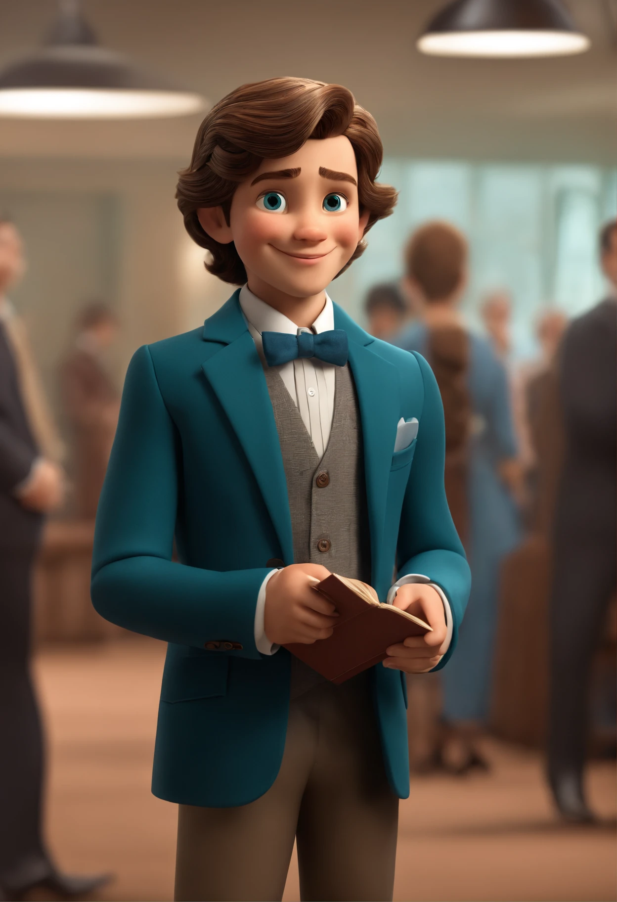 The image is in Pixar's 3D format features a small young man wearing a suit and tie, Standing in a room. He is smiling and appears to be posing for a photo. O pequeno jovem tem cabelo curto, Green eyes and is wearing a blue tie, O que adiciona um toque de cor ao seu look. He's also holding a book, possibly a Bible, in the hand. The man's attire and accessory give the impression of a formal or professional setting.