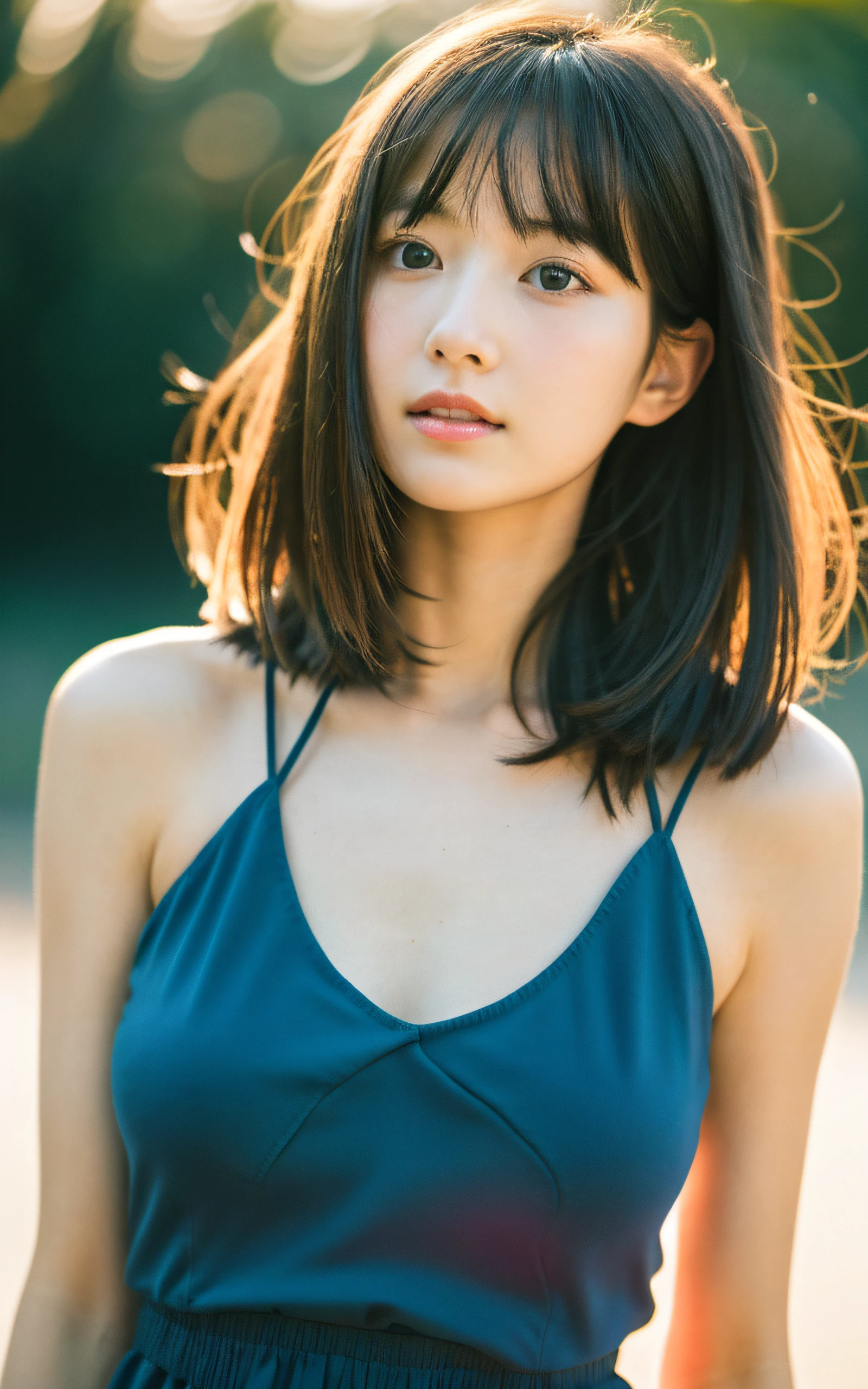 masterpiece, Best Quality, 8K, 20 yo, Large ??????, Raw photo, Professional Photography, Portrait, Soft light, Professional Lighting, Back lighting, Solo, sad, close up, Cute, Girly, Delicate girl, Neat and clean beauty, Upper body, Looking away, Sophisticated, Film grain, (Eyes and faces with detailed:1.0), Medium length hair swaying in the wind, bangs