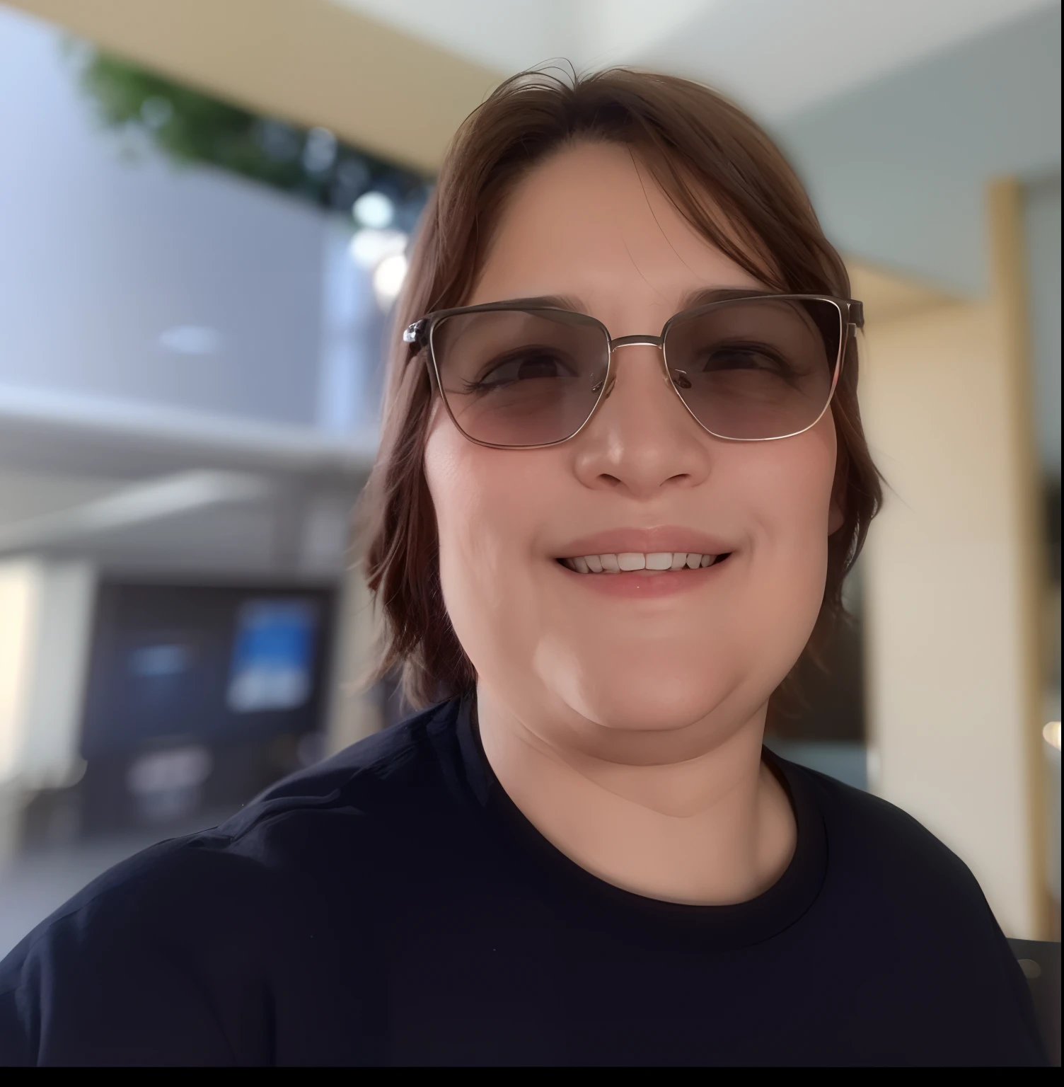 Smiling woman wearing sunglasses and a black shirt in a building, imagem de perfil, taken in the early 2020s, foto do perfil, 4 5 I, foto de perfil headshot, imagem do avatar, Magalie Villeneuve, foto de perfil, cerca de 3 5 anos, foto de perfil, photo from behind, Fotografia tirada em 2 0 2 0, Kimberly Asstyn