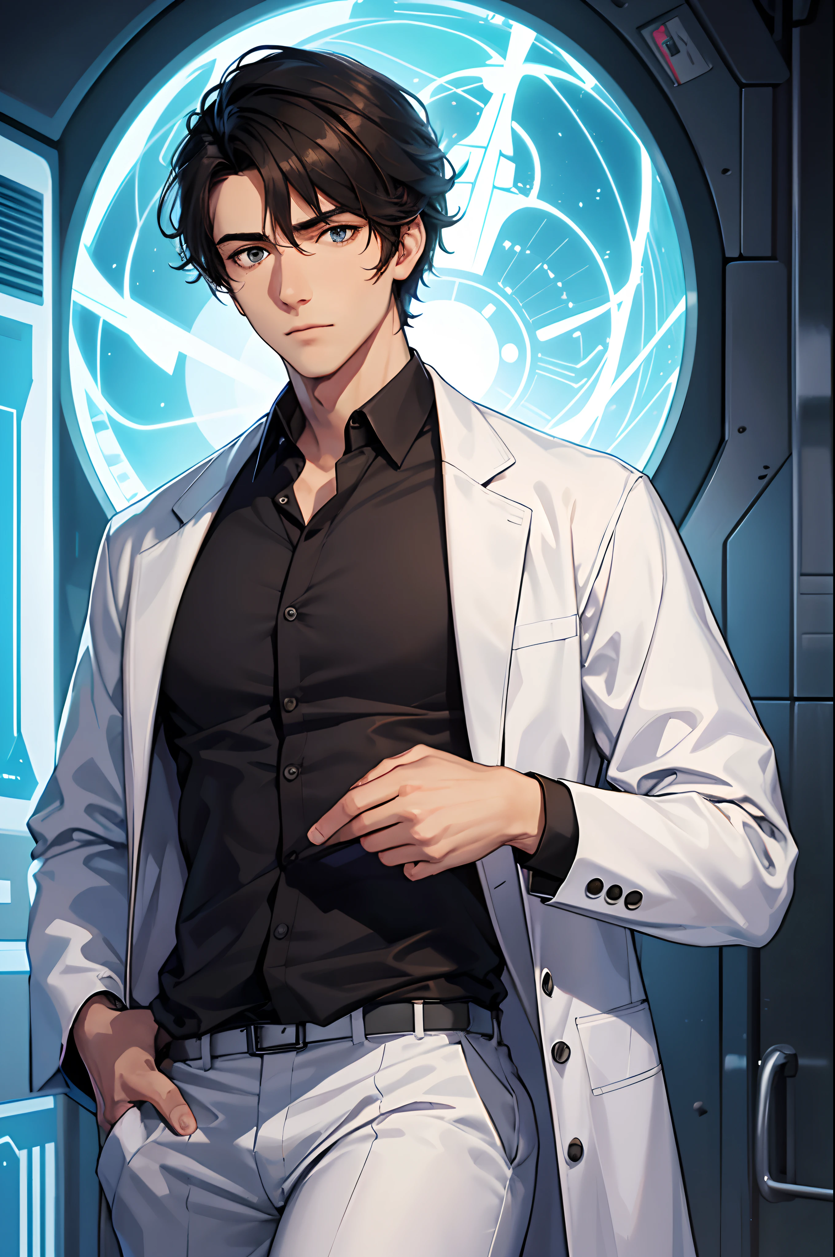 A handsome man with a tired face. He wears a lab coat. He is a scientist. His hair is short black. Fantasy and science fiction themes.