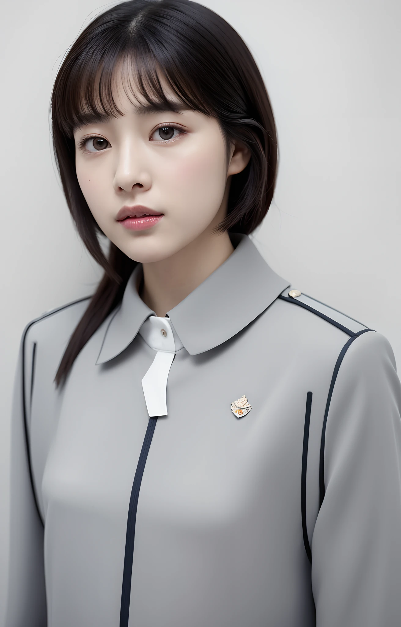 Highest image quality, outstanding details, ultra-high resolution, (realism: 1.4), ((middle shot:0.75)), highly condensed 1lady, with beautiful and a delicate face, (wearing white police uniform), background simple grey wall,