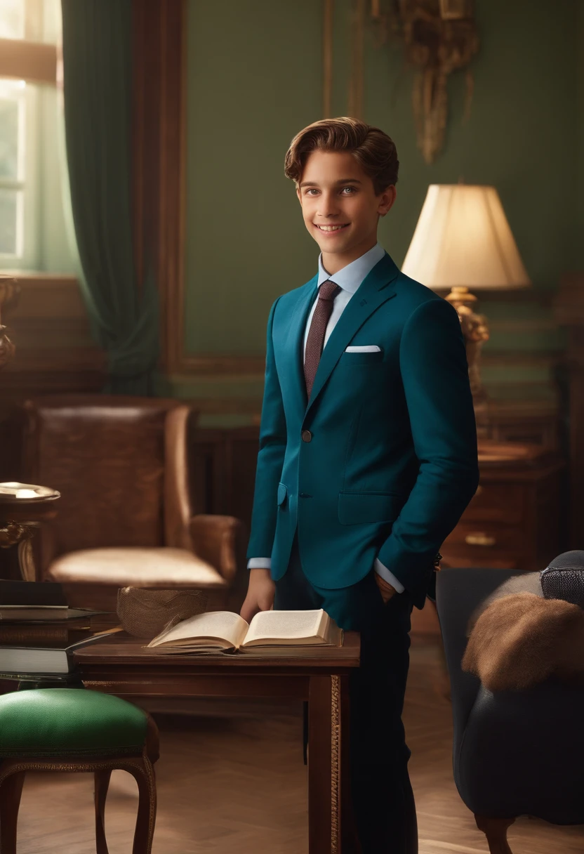 The image is in the cover format of a Pixar 3D film and shows a young man in a suit and tie, Standing in a room. He is smiling and appears to be posing for a photo. O pequeno jovem tem cabelo curto, Green eyes and is wearing a blue tie, O que adiciona um toque de cor ao seu look. He's also holding a Bible, in the hand. The man's attire and accessory give the impression of a formal or professional setting.