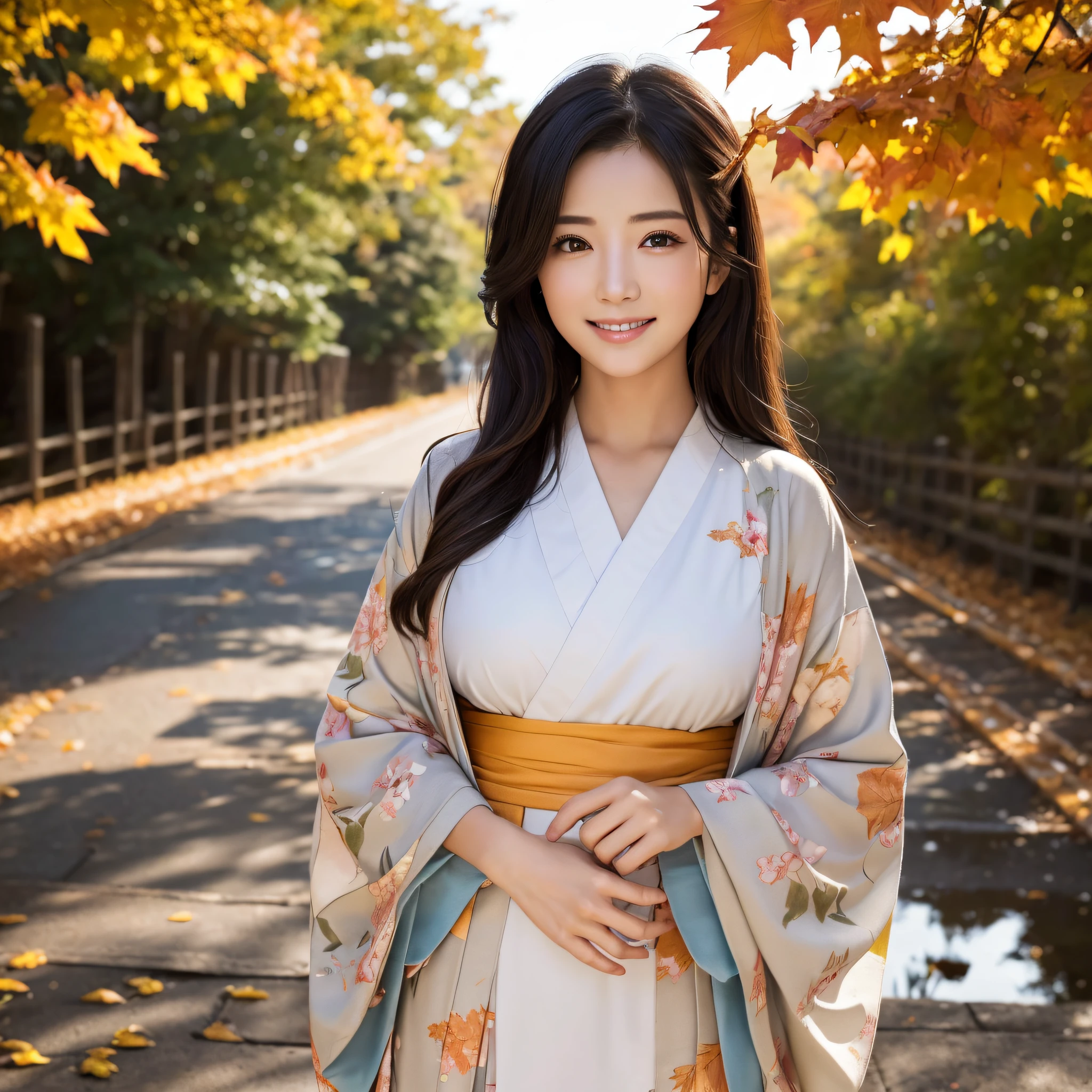 (Super beautiful woman in kimono)、((best qualtiy、8k masterpieces:1.3))、foco nítido:1.2、(ultra beautiful faces:1.0)、(shinny skin:1.0)、photos realistic、A dark-haired、Video Lighting、High-definition eyes and face、Video Lighting、Japanese actressl、from the front side、medium breasts、With a happy smile、wearing kimonos、Under the autumn leaves、