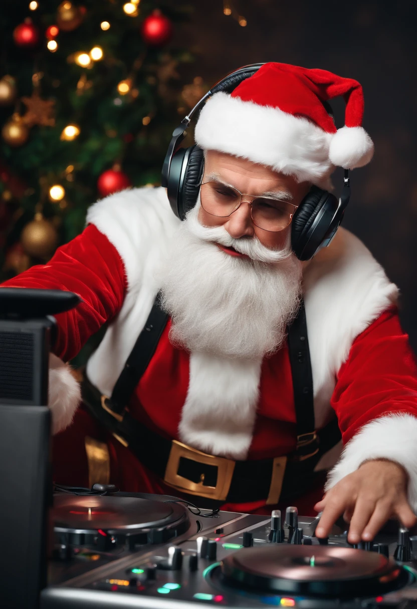 santa claus with headphones ,dj table at christmas party