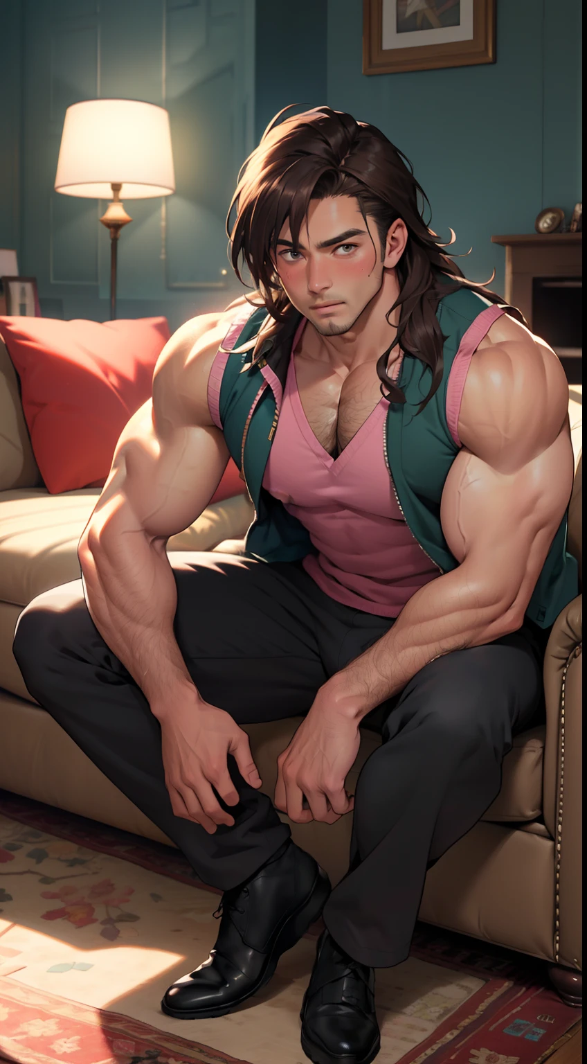 (masterpiece, best quality ), 1man, muscular, short hair, brown eyes, intricate, (living room) , full body, pink vest, open vest, vivid colors,(depth of field:1.2),(abs),blush, looking at viewer, sitting on couch,  shirtless, visible pectorals, extremely muscular, huge bulge, long hair, lightning