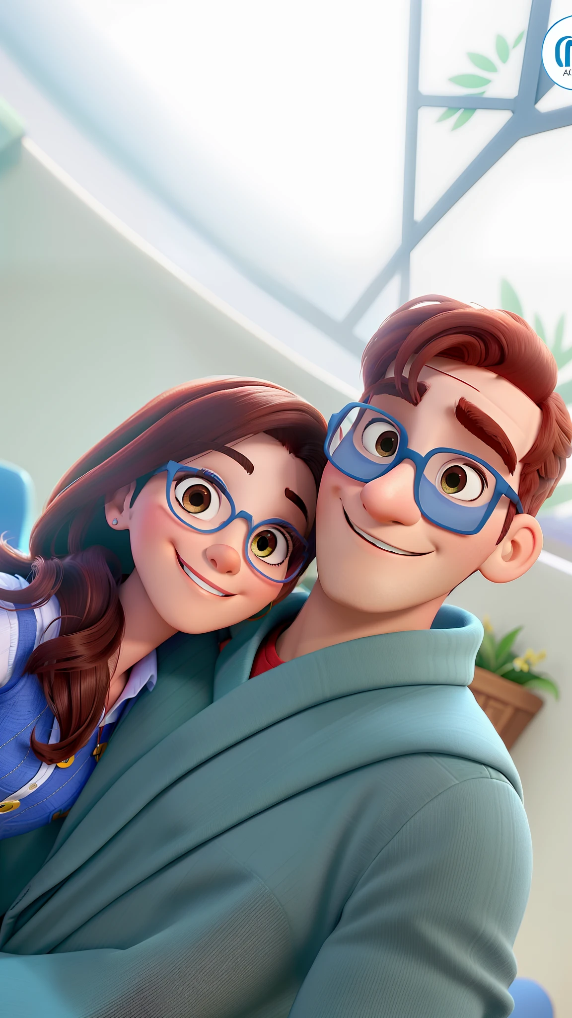 Casal (homem moreno e mulher branca sorridente) no estilo Disney Pixar, alta qualidade, melhor qualidade.
