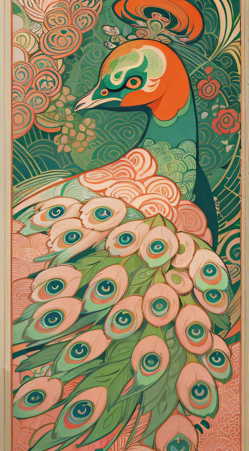 Close-up of a stamp with a peacock, inspired by Nōami, Japanese inspired poster, japan poster, oriental art nouveau, victo ngai style, an illustration of inspired by Victo Ngai, ( ( victo ngai ) ), inspired by Sōami, illustrated poster, illustration!, artwork in style of sheng lam