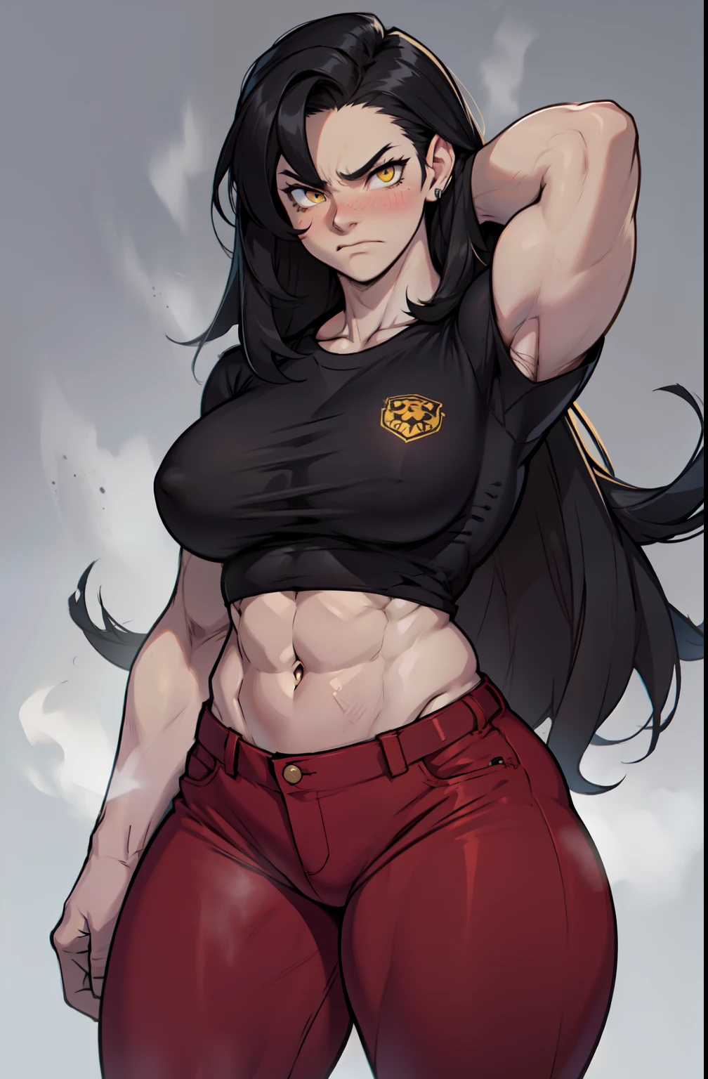 ((1 girl)), extremely long hair, solo, ((muscular)), veins, black hair, yellow eyes, blushing, (thick thighs), pale skin, strong, veins, abs, big thighs, (huge breasts), navel, standing, angry, tight pants, tight shirt