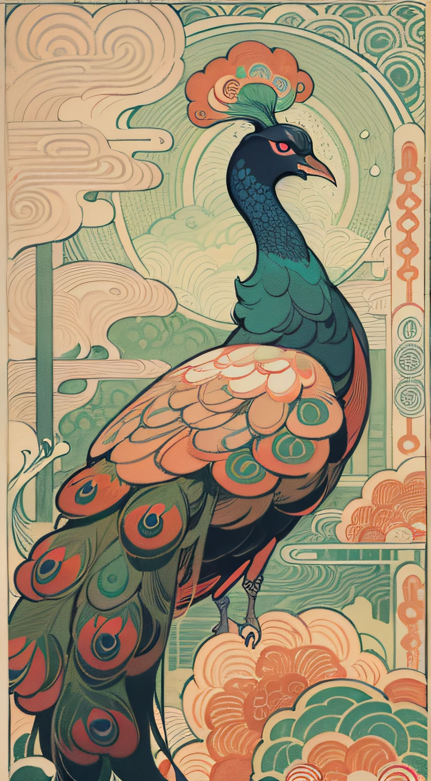 Close-up of a stamp with a peacock, Inspired by Nomi's poster art, behance contest winner, Ukiyo-e, Japanese inspired poster, japan poster, oriental art nouveau, victo ngai style, ( ( victo ngai ) ), illustrated poster, illustration!, artwork in style of sheng lam