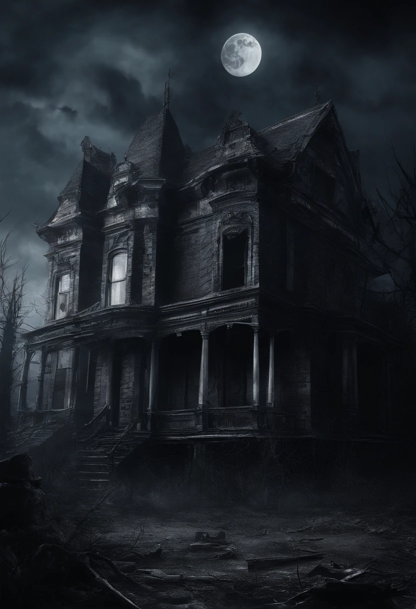 ((Realistic: 1.5)),((Best quality)), ((Masterpiece)),((Detailed)),scenery,,midynight，Computer，Bunk beds，University dormitories，The moon is dark and windy、fog atmosphere、themoon，Cold tones