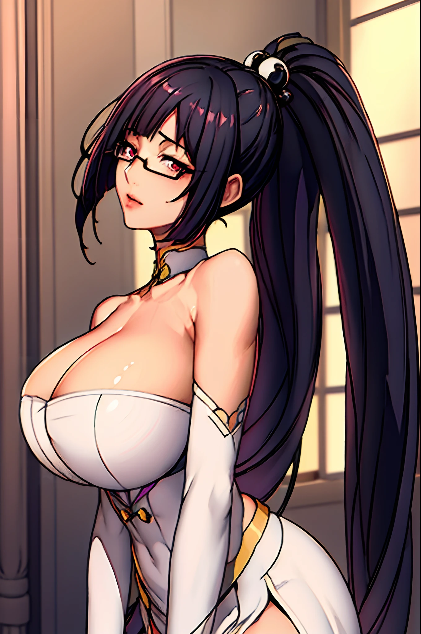 in a dark room with columns and lights behind her, Standing pose, at attention, wearing white_dress,wedding_dress,bridal_veil,bare_shoulders,elbow_gloves, aayorf, sidelocks, gold hairband, hair ornament,semi-rimless eyewear, black hair, very long hair, ponytail, bangs, purple eyes, gold earring, 1 girl, 20yo,mature female,Beautiful Finger,Beautiful long legs,Beautiful body,Beautiful Nose,Beautiful character design, perfect eyes, perfect face, looking at viewer, NSFW,official art,extremely detailed CG unity 8k wallpaper, perfect lighting,Colorful, Bright_Front_face_Lighting, (masterpiece:1.0),(best_quality:1.0), ultra high res,4K,ultra-detailed, photography, 8K, HDR, highres, absurdres:1.2, Kodak portra 400, film grain, blurry background, bokeh:1.2, lens flare, (vibrant_color:1.2) (Beautiful,medium_Breasts:1.4), (beautiful_face:1.5),(narrow_waist),(perfect hands, perfect anatomy),
