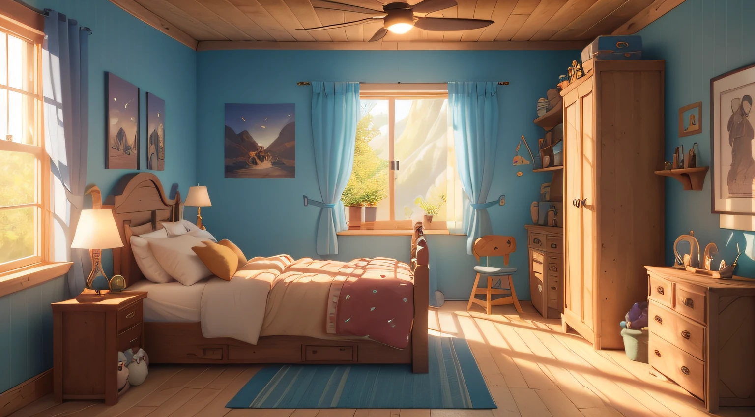 (Pixar style: 1.2), Cute, 3D artwork, bedroom, tavern, inn, video game, a ray of light, blender, OC renderer, dribble high detail 8k, studio lighting --v 6