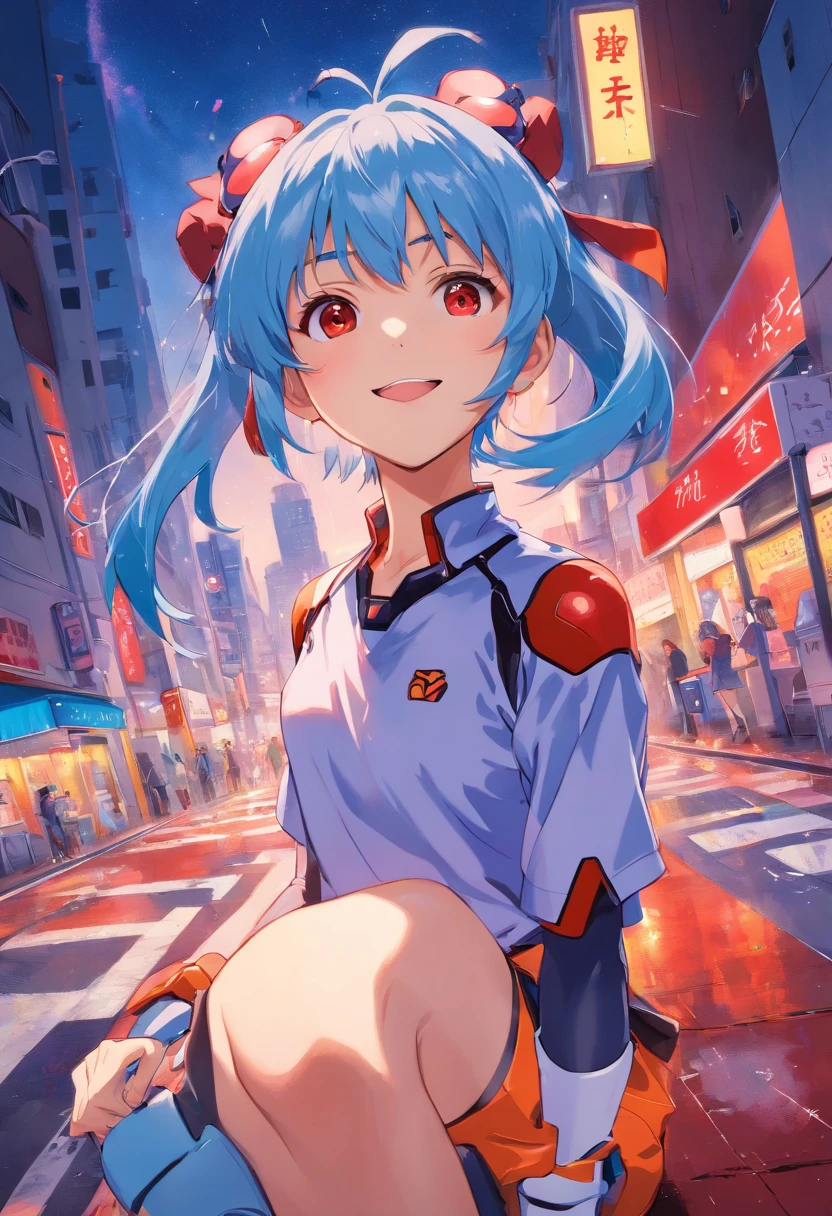 masterpiece portrait of smiling Rei Ayanami (Evangelion), Evangelion (Hideaki), Caustics, high-resolution illustrations, Red eyes, Feminine, No Pupil, Blue hair, Short hair, Japanese school uniform, Loafer shoes, Svipunk, synthetic wave, paint splatter, shaded flat illustration, Digital art, trending on artstationh, Highly detailed, finedetail, Intricate, spatter, outrun, vaporware, Neon colors