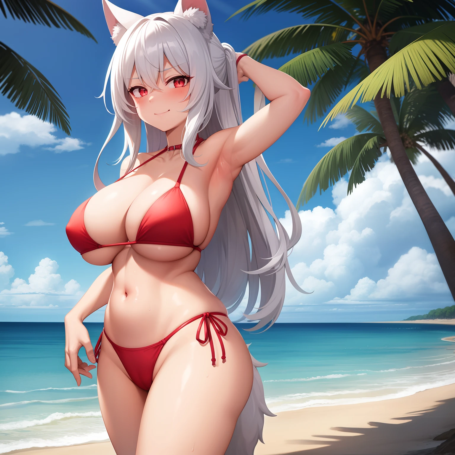 (1girl),beach background,standing,wearing red bikini,curvy body,eyes looking away, blushing,showing armpit, sweat body, wolf cut,big tits,arm on back head,smirk,white hair