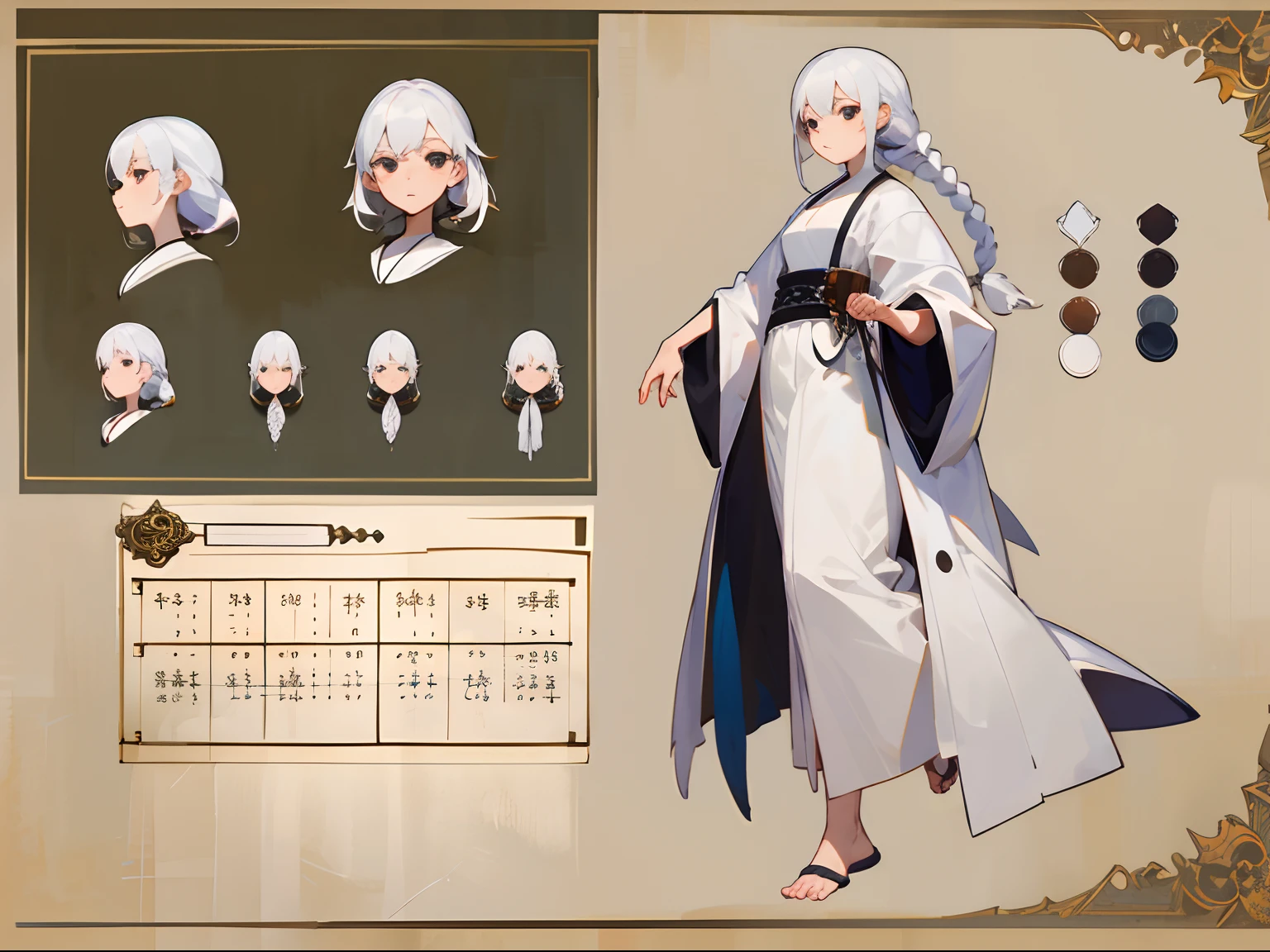 masterpiece,top-quality,((character sheets,Same character,gauges,Lateral face,soles)),Girl with white hair、Black eyes、robe blanche、Single braid、delicated face
