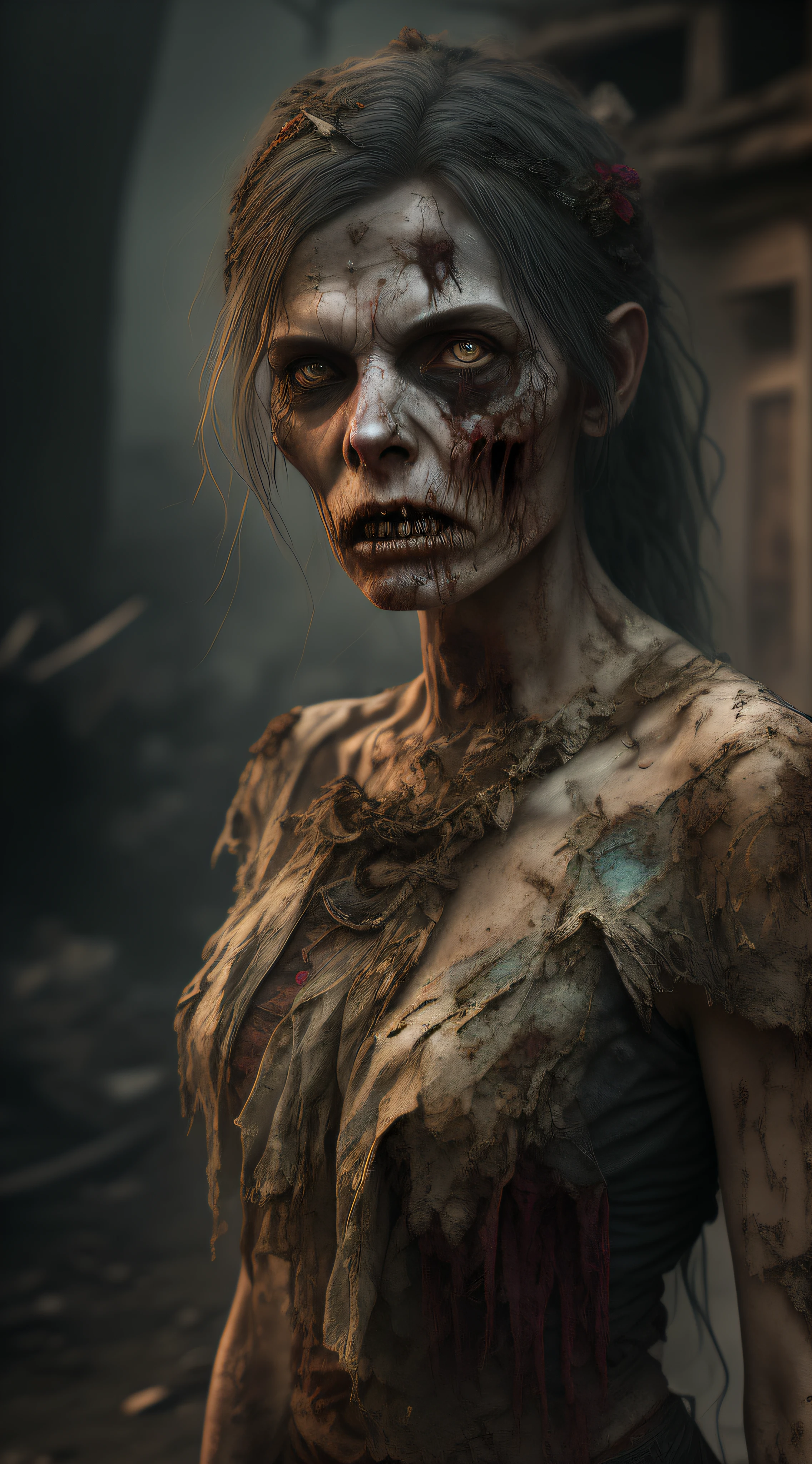 zombie, tattered ruined clothes, dead rotting skin on the face, dirty muddy hair, extremely detailed dried rotting peeling dead skin, malnourished woman, blind, wide angle, detailed environment, detailed background, highly detailed, intricate, detailed skin, natural colors, professionally color graded, photorealism, 8k, moody lighting, art by George Pfau