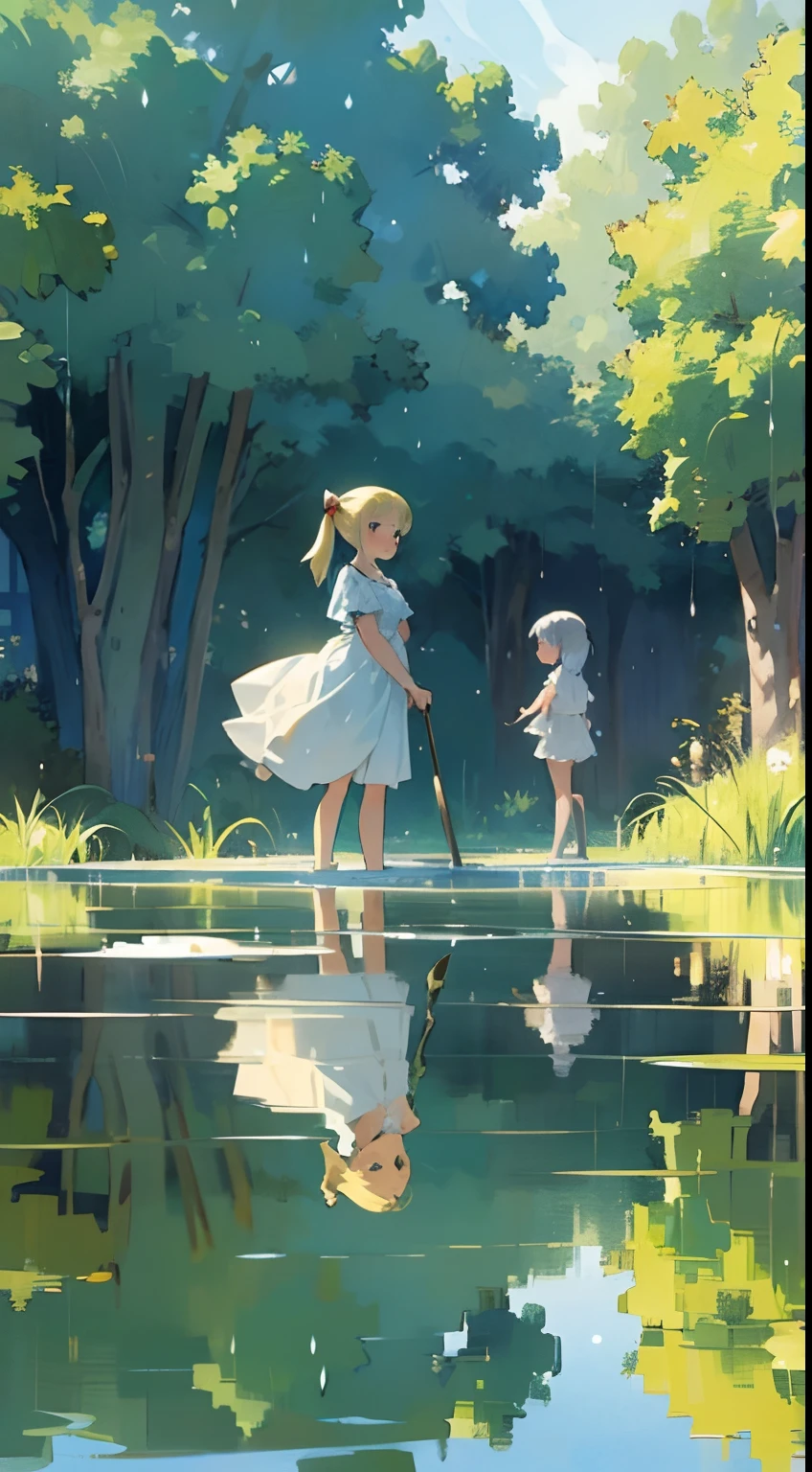 In Claude Monet style, Impressionism, (2girls), white camisole, Both are 14 years old, one girl is short silver hair, one girl is blond pony tail, pond, ((wet)) curtsey