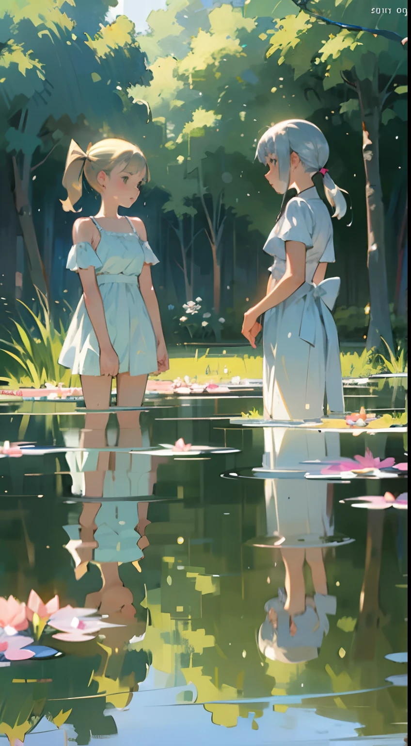 In Claude Monet style, Impressionism, (2girls), white camisole, Both are 14 years old, one girl is short silver hair, one girl is blond pony tail, pond, ((wet)) curtsey