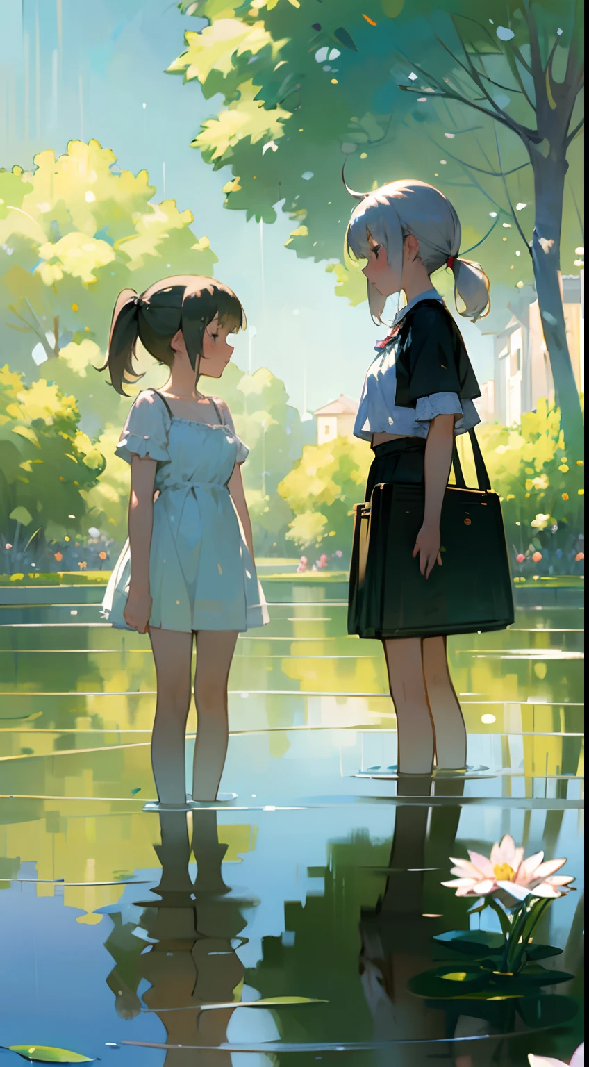 In Claude Monet style, Impressionism, (2girls), white camisole, Both are , one girl is short silver hair, one girl is blond pony tail, pond, ((wet)) curtsey