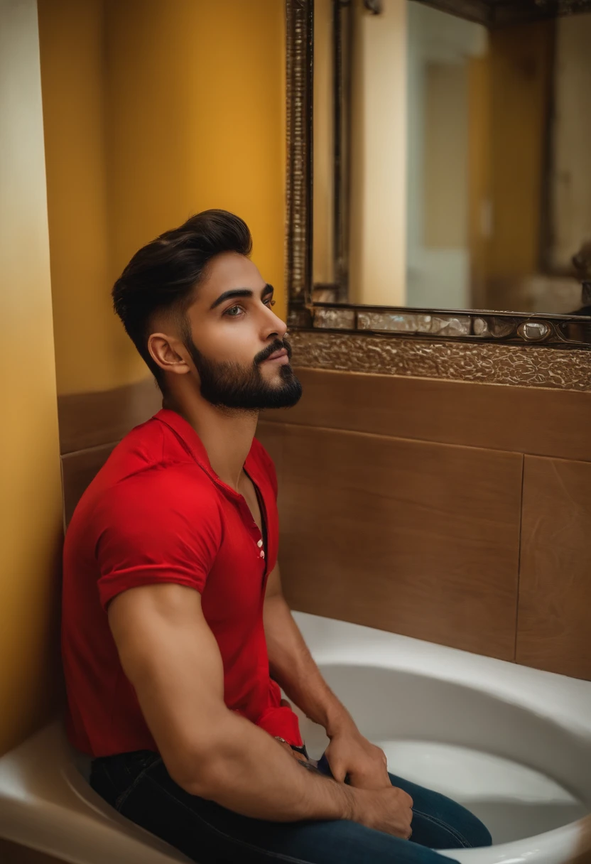 There's a man who's standing in a bathroom wearing a red shirt, imagen de muy muy muy baja calidad, con cara precisa, around 1 , 8k selfie photograph, imagen frontal, Perfil frontal!!!!, Imagen de la cara, Khyzyl Saleem, Foto de perfil profesional, Tomada con Sony Alpha 9, Imagen sincera, Imagen antigua, Foto selfie, 2 7 years old