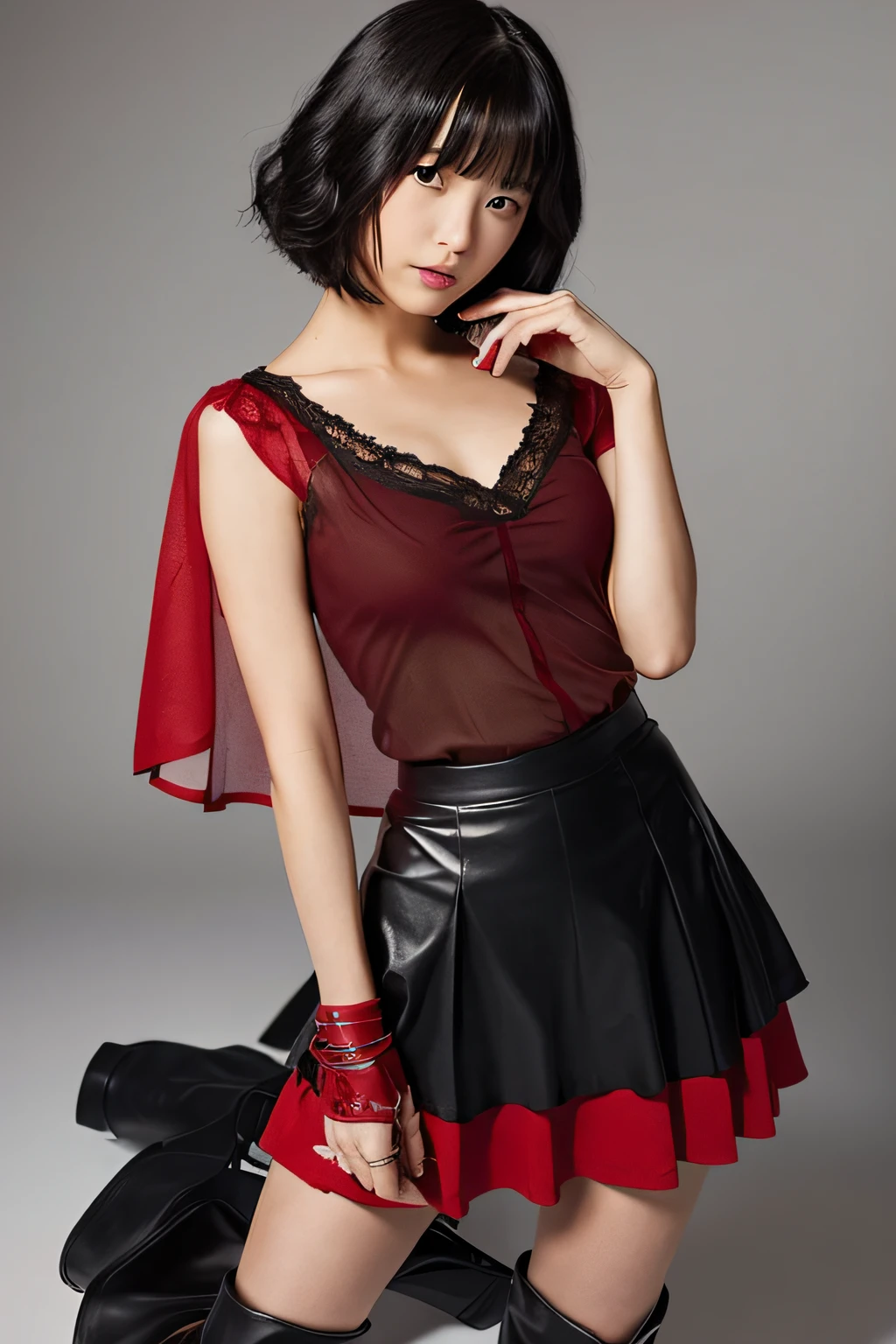 low angle. White background in studio. A villain played by a Japanese teenage actress (wavy bob, black hair), wearing a seductive villain costume (black and red, sheer skirt, boots, no sleeves), standing, holding a whip.