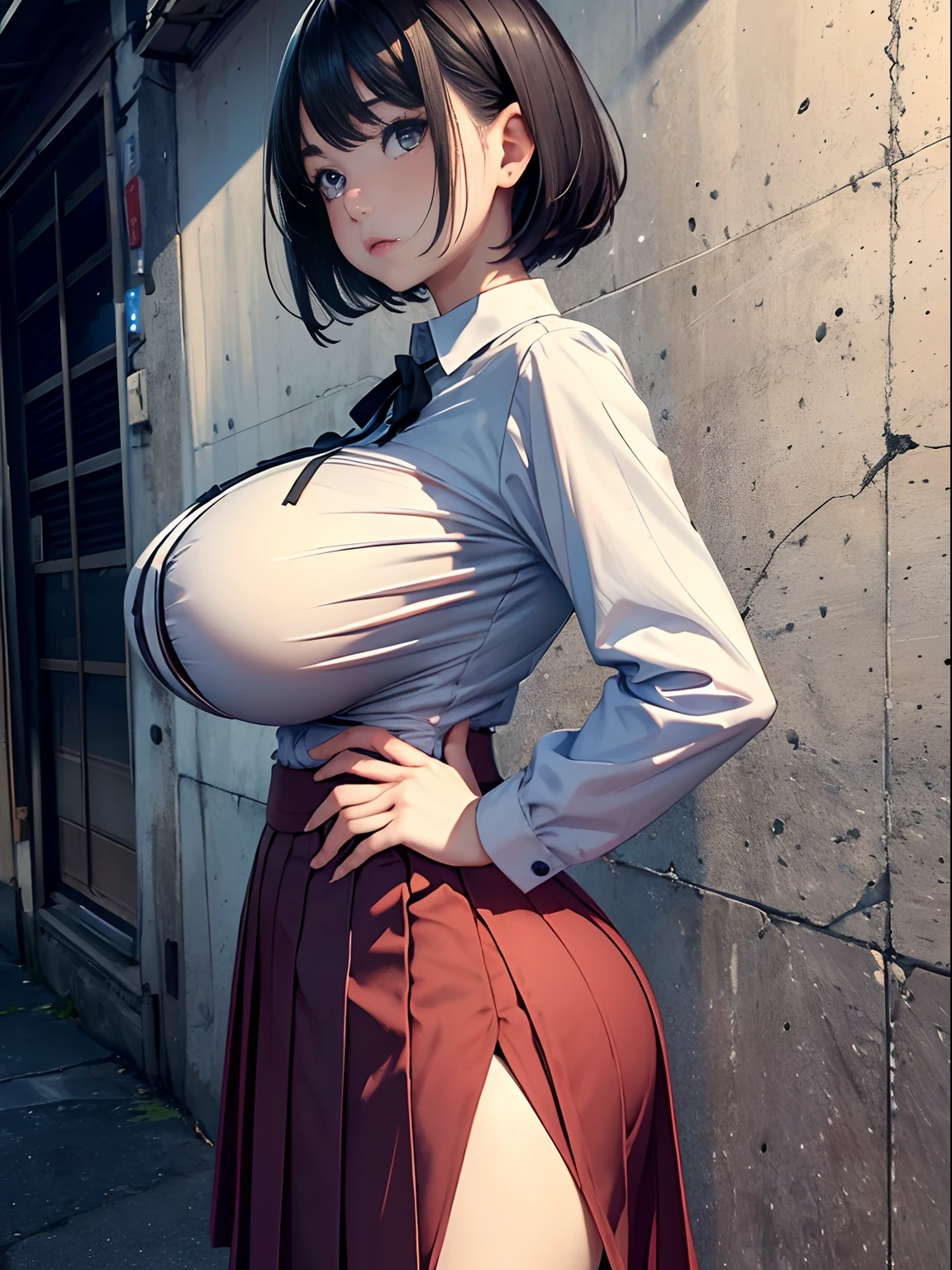 A girl、(masterpiece:1.4)、(in 8K、realisitic、Raw photo、top-quality:1.4)、(Real Face:1.4)、(real looking skin:1.3)、超A high resolution、A hyper-realistic、Eyes in Beautiful Details、A dark-haired、Black eyes、short-hair、耳环、Office Worker、a black T-shirt、long sleeved shirt、pleatedskirt、(huge-breasted:1.5)、gargantilha、Blushing、alluring face、troubled look、Back alley、natta、to stand