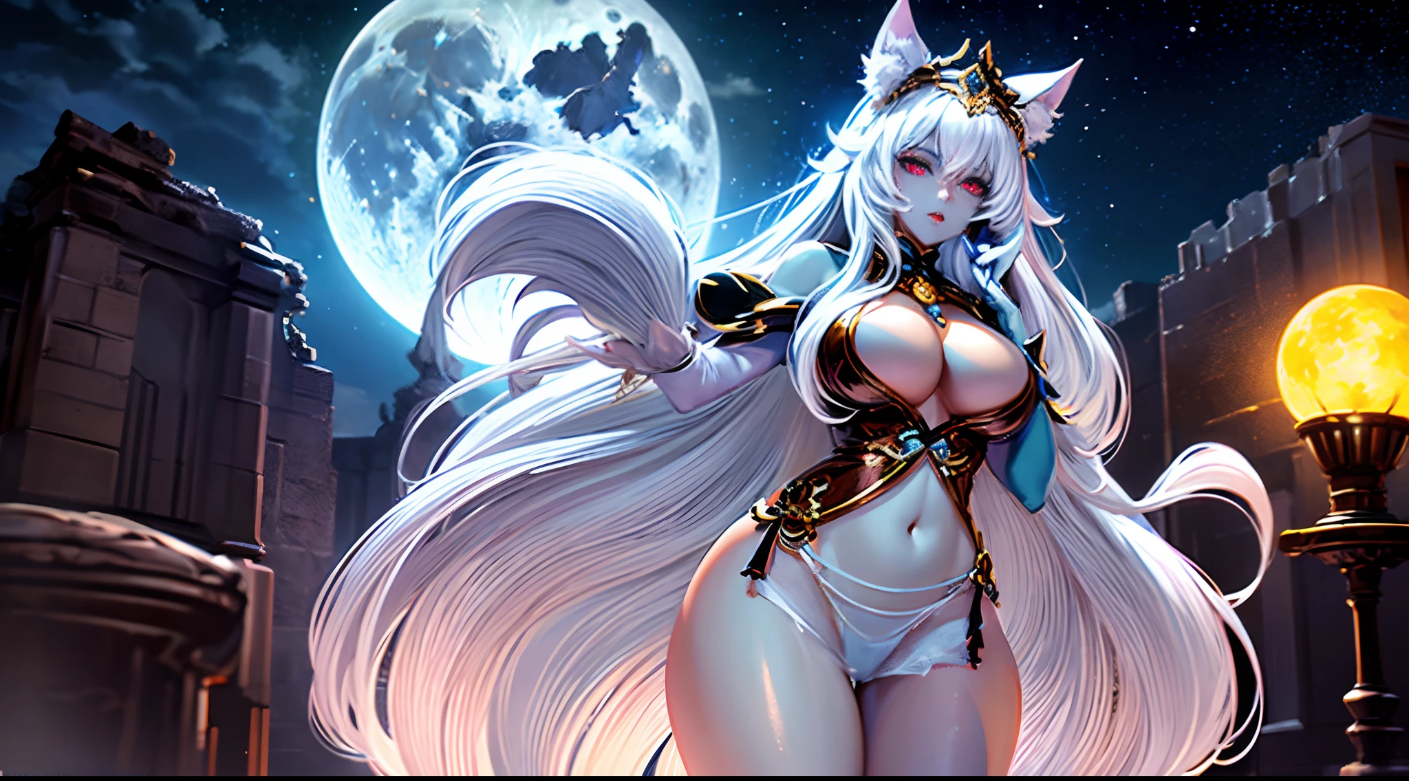 masterpiece, best quality, 8k quality, ultra detailed, a moon goddess with nine fox tails, beautiful, sexy, white hair, attractive bust, thick thighs, dark skin, moon tiara, eyes that shine like the moon, detailed quality, detailed background, monuments in background, glowing moon in background,
