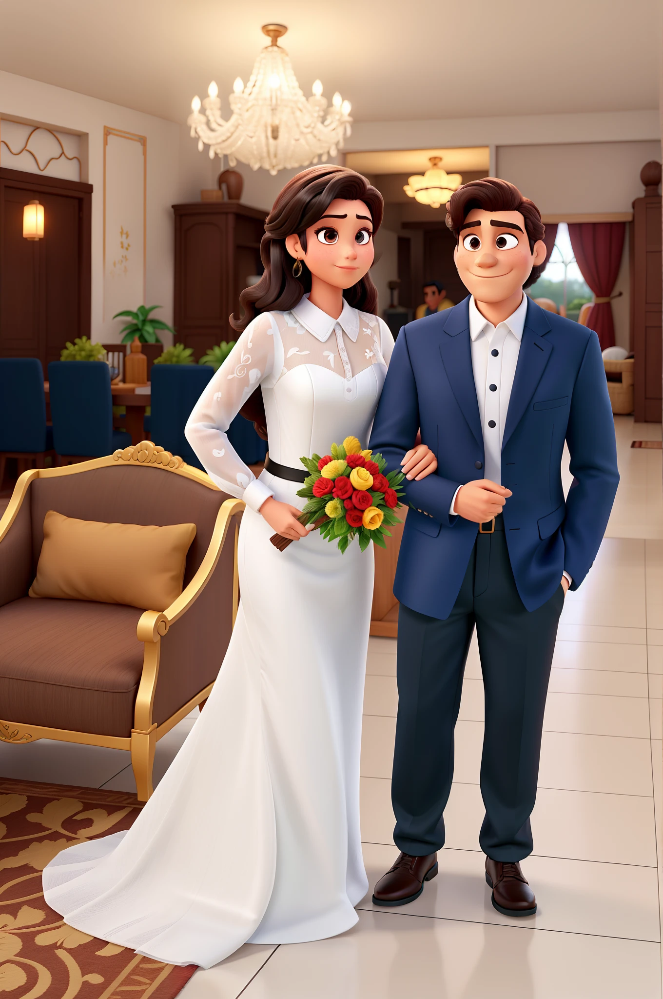 Homem com cabelo preto de terno e mulher branca com cabelo ruivo de vestido de noiva, apaixonados, Disney pixar |