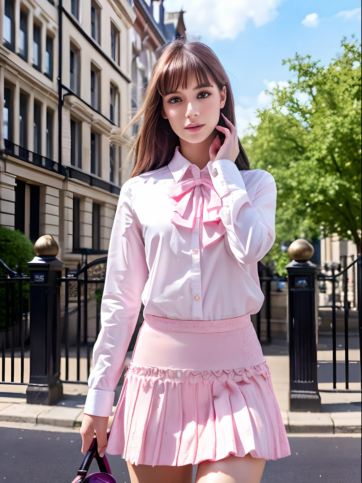 High-quality images,(Absurd, High resolution, ultra-detailliert), 1girl in, Solo, Very detailed eyes, (Official art, Beauty and aesthetics: 1.2), (Fractal Art: 1.3), White-pink shirt and skirt,best detailed,Streets of London,