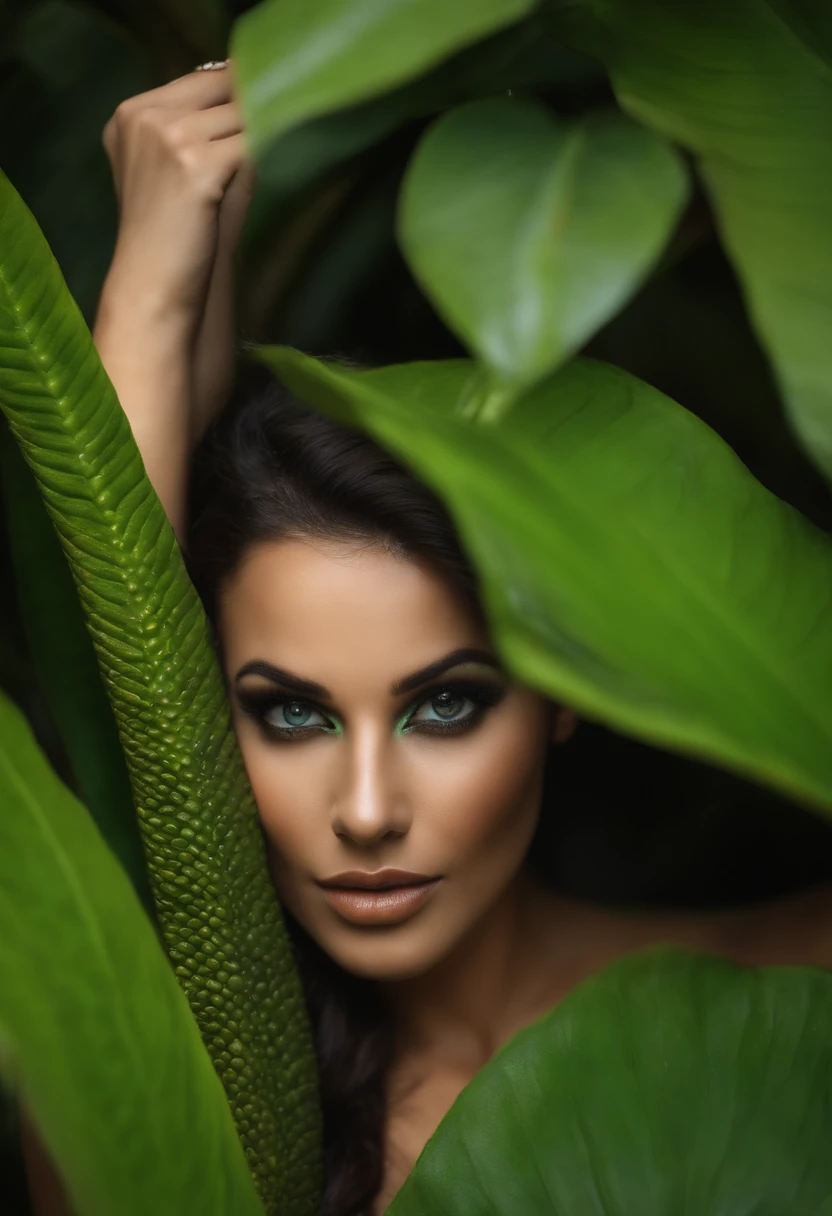 Mujer con serpiente de medio cuerpo, Pelo de enredaderas lleno de hoja verde, Ojos de gato iguales, sharp fingernails , Boca grande y pechos desnudos, Oreja puntiaguda, Exotic & Beautiful Body, Paisaje pantanoso