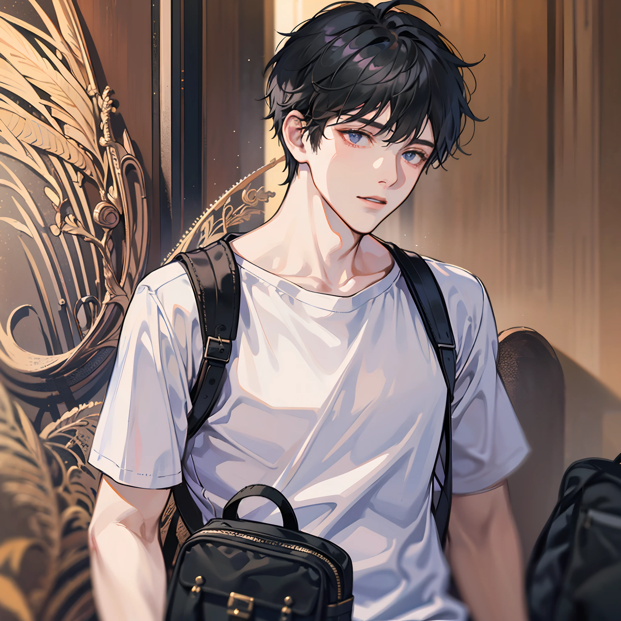 (Handsome men: 1.4), White shirt, Short black hair, Delicate face, Fair skin, backpack, ((On the street at night: 1.4)), Night, Deserted, nobody, 8km HD Images, Masterpiece-level high-quality images,