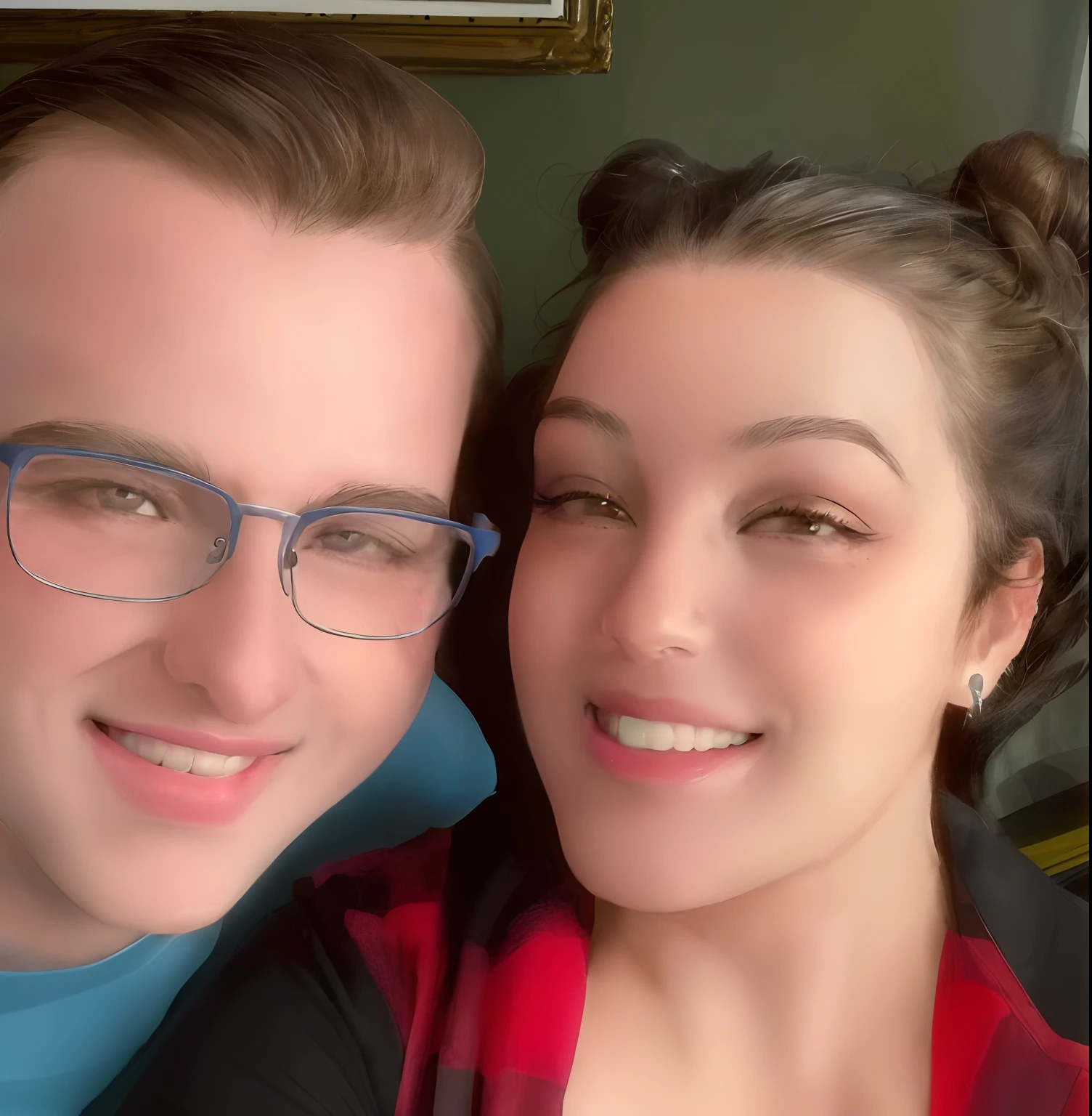 there are two people that are smiling for the camera, headshot profile picture, both smiling for the camera, huge earrings and queer make up, with nerdy! glasses! and goatee, taken in the early 2020s, couples portrait, portrait of two people, profile picture, profile image, profile picture 1024px, very silly looking, lovely couple