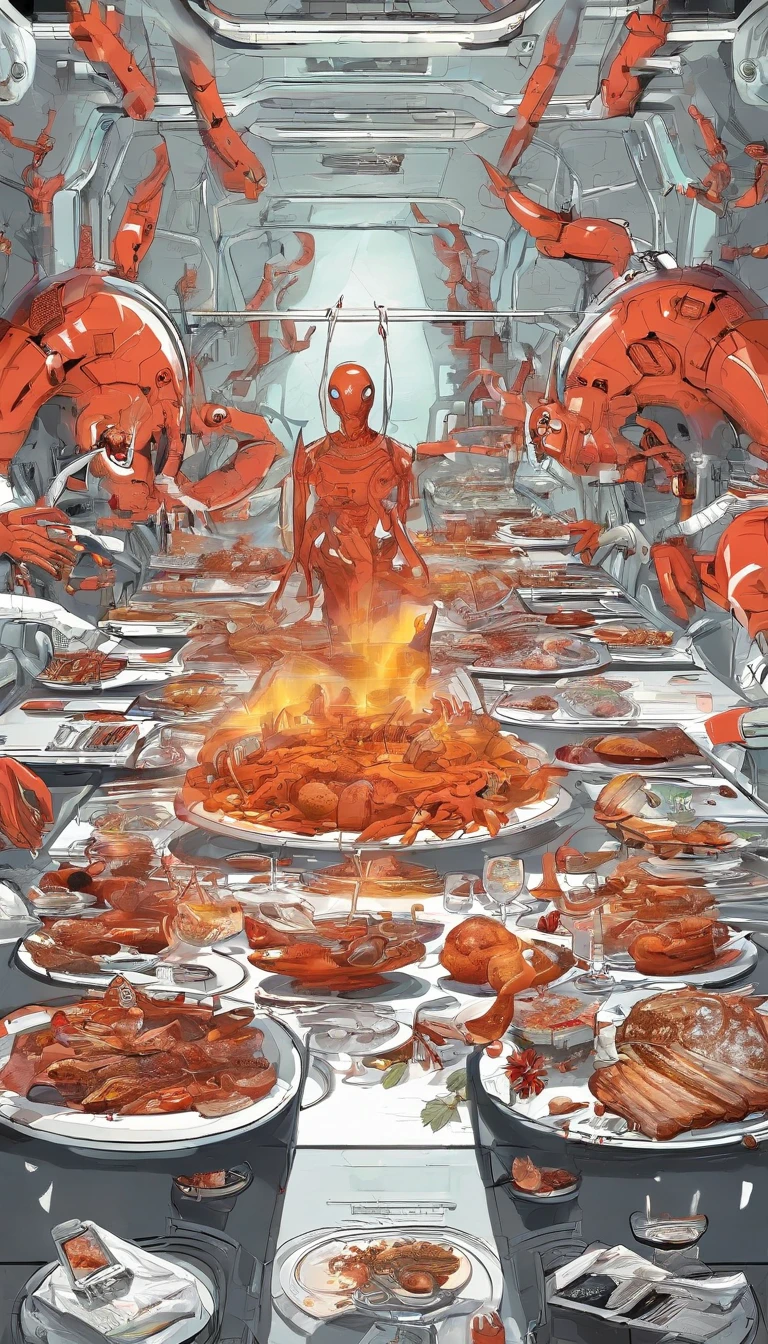 (((masterpiece,Highest quality))),(((Devil anime woman with fly motif))),(((He is sitting alone at the table, holding his knife and fork in front of a sumptuous meal))),(Inhuman),Focus on people,(high quality),アニメ,b3ks1n