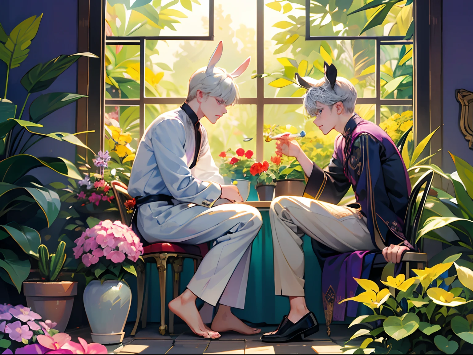 (two male),gay male relationship,yaoi style,flower, plant, potted_plant, double_bun, flower_pot, vase, toenail_polish, animal_ears, rabbit_ears, rose, leaf, red_flower, hydrangea, feet, tulip, bamboo, pink_flower, morning_glory, purple_flower, pink_rose, toenails, bouquet, cactus, ivy, garden, soles, blue_eyes, sitting, watering_can, yellow_flower, interlocked_fingers, palm_tree, looking_at_each other, tanzaku, nail_art, window, lily_of_the_valley, camellia, silver_hair, scenery